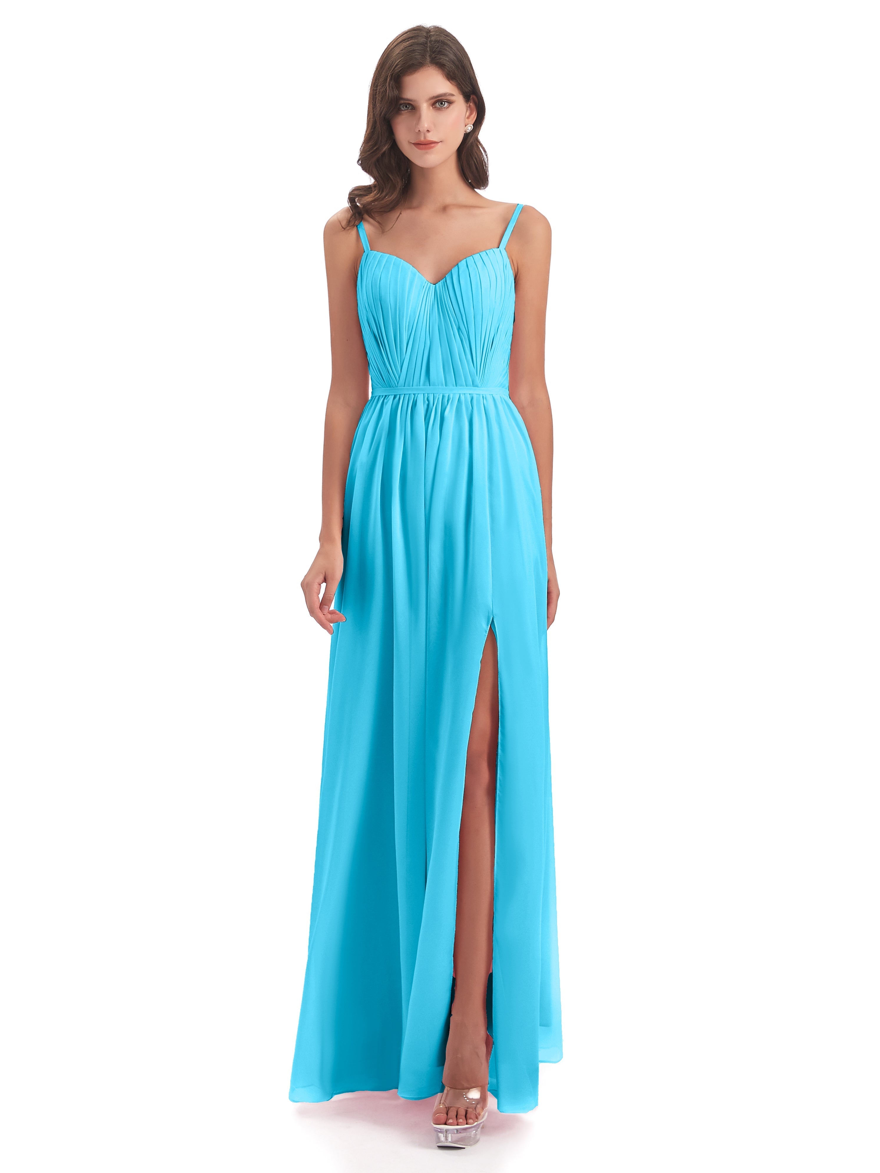 Robe De Demoiselle D'Honneur En Piscine Bretelles Spaghetti Fendue Devant Robes Demoiselle D'Honneur