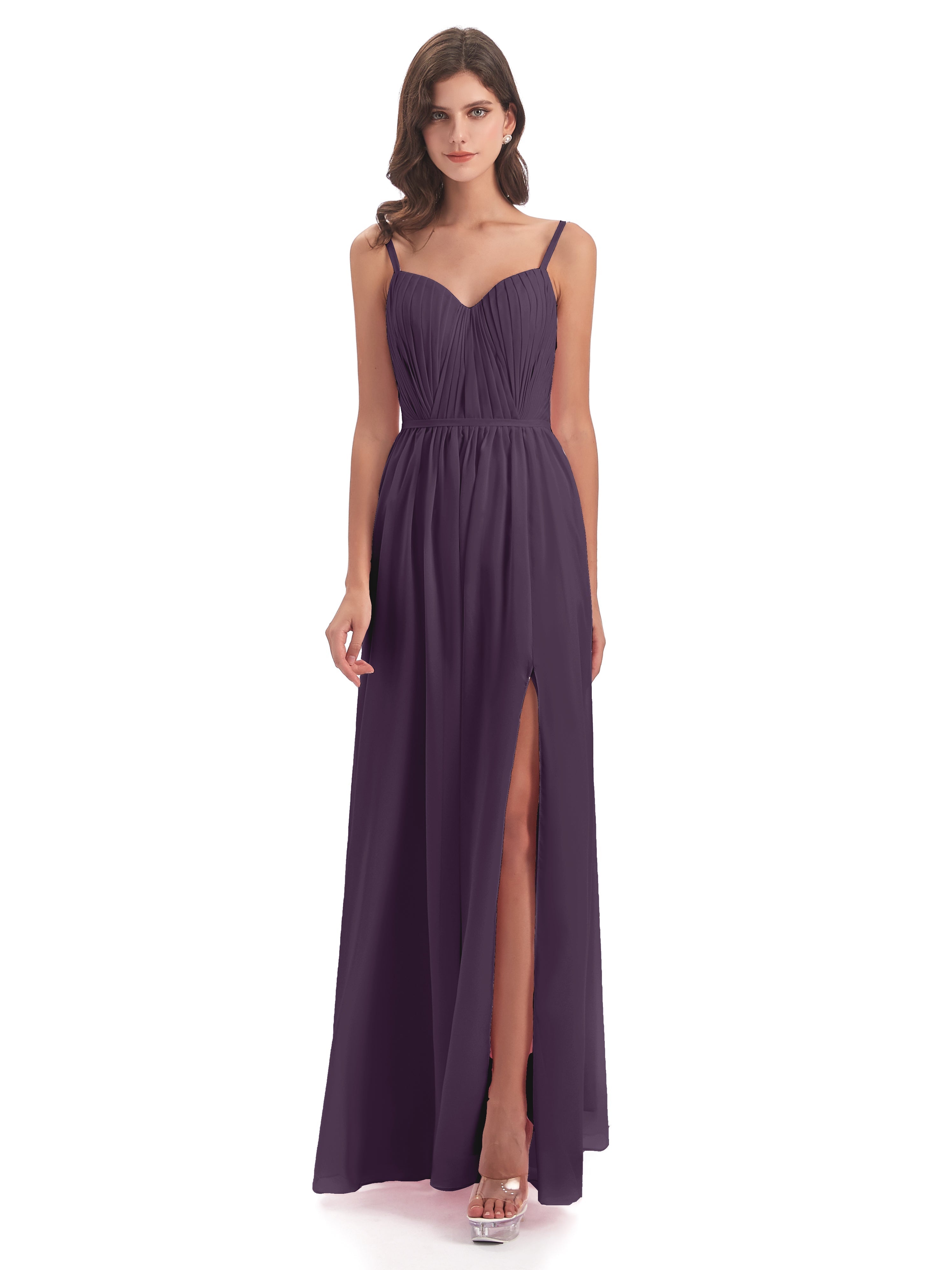 Robe Demoiselle D Honneur Plume Bretelles Spaghetti Fendue Devant Robes Demoiselle D'Honneur