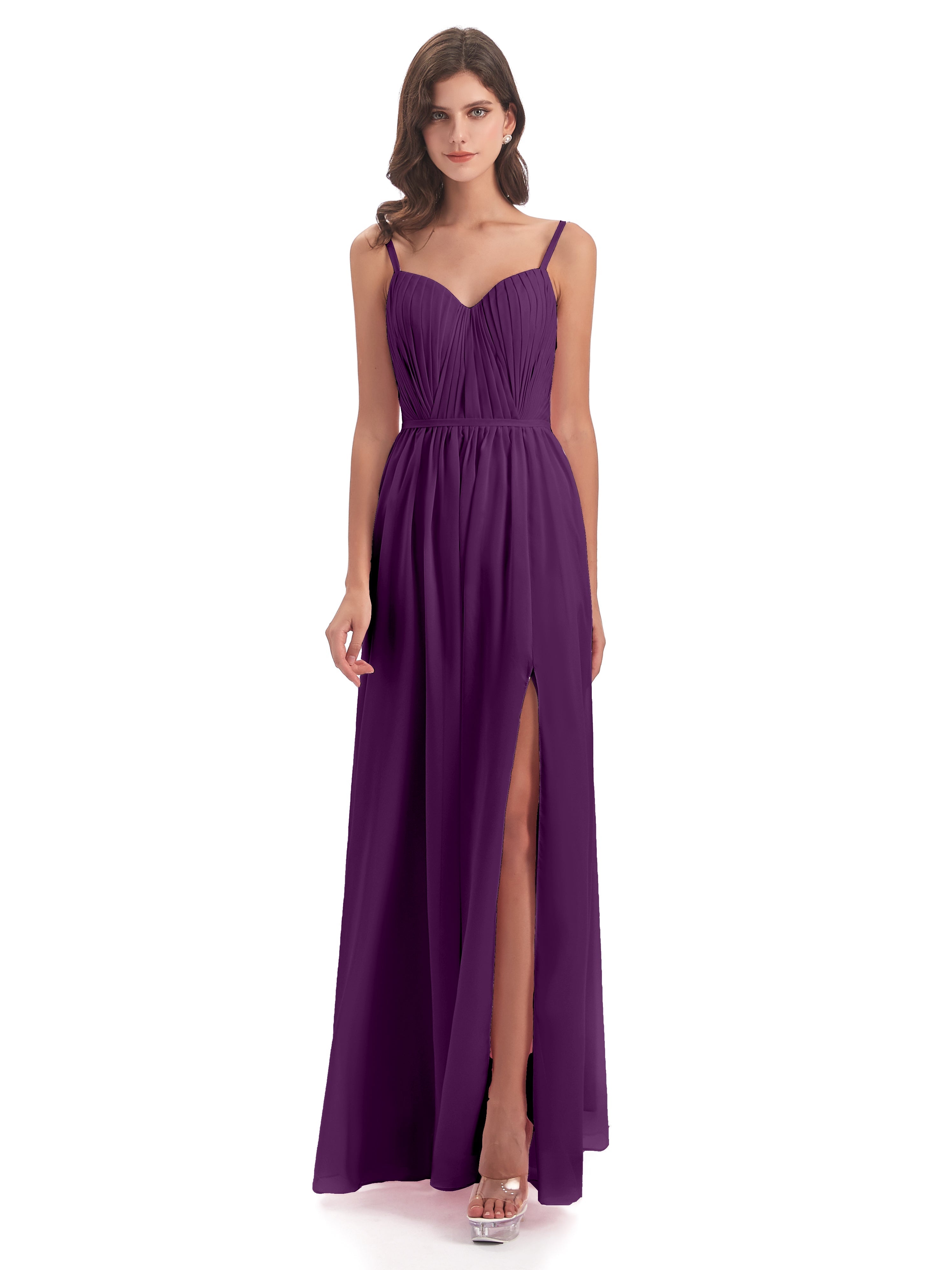 Robes De Demoiselle D'Honneur En Raisin Bretelles Spaghetti Fendue Devant Robes Demoiselle D'Honneur