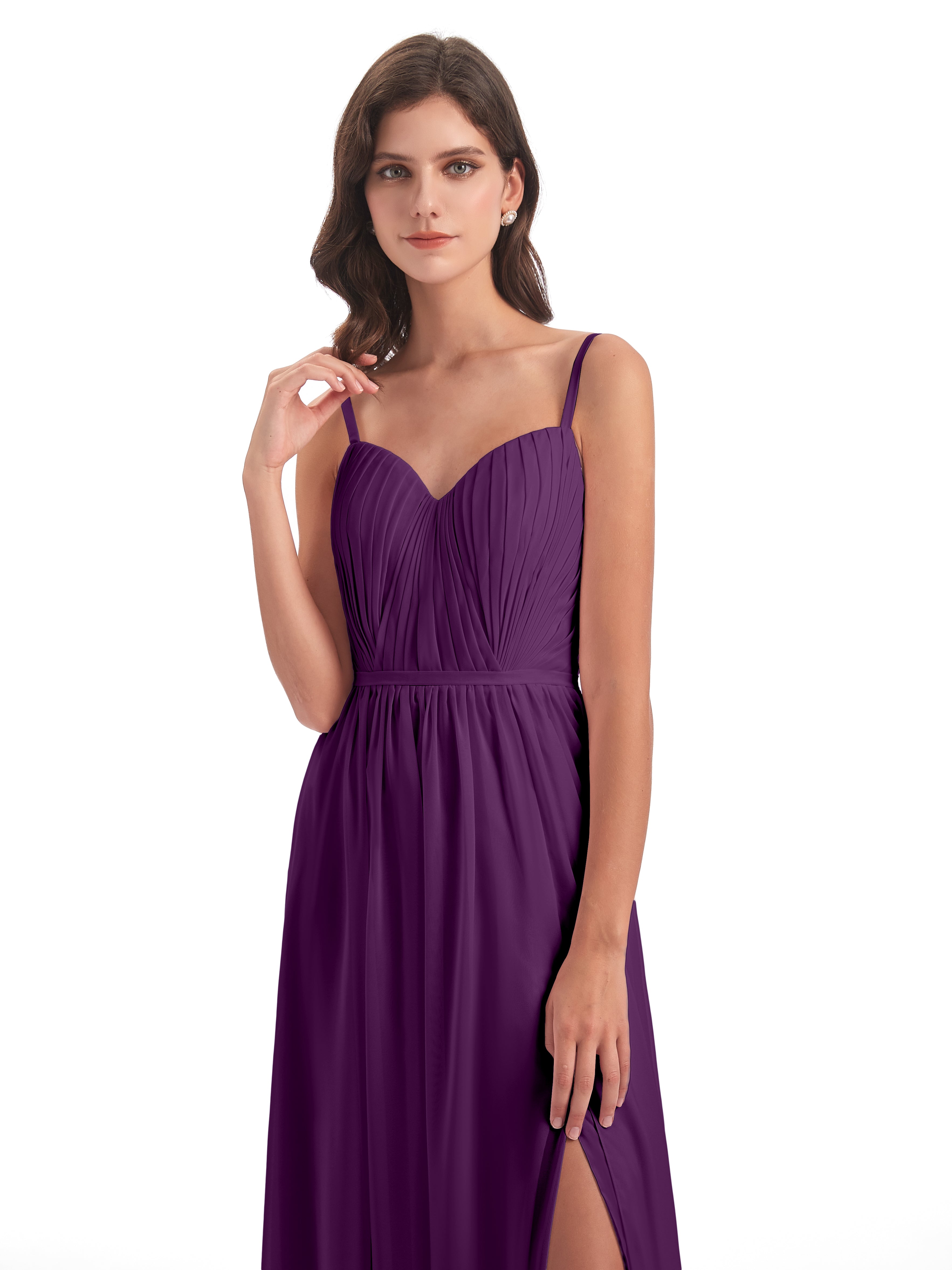 Robes De Demoiselle D'Honneur En Raisin Bretelles Spaghetti Fendue Devant Robes Demoiselle D'Honneur