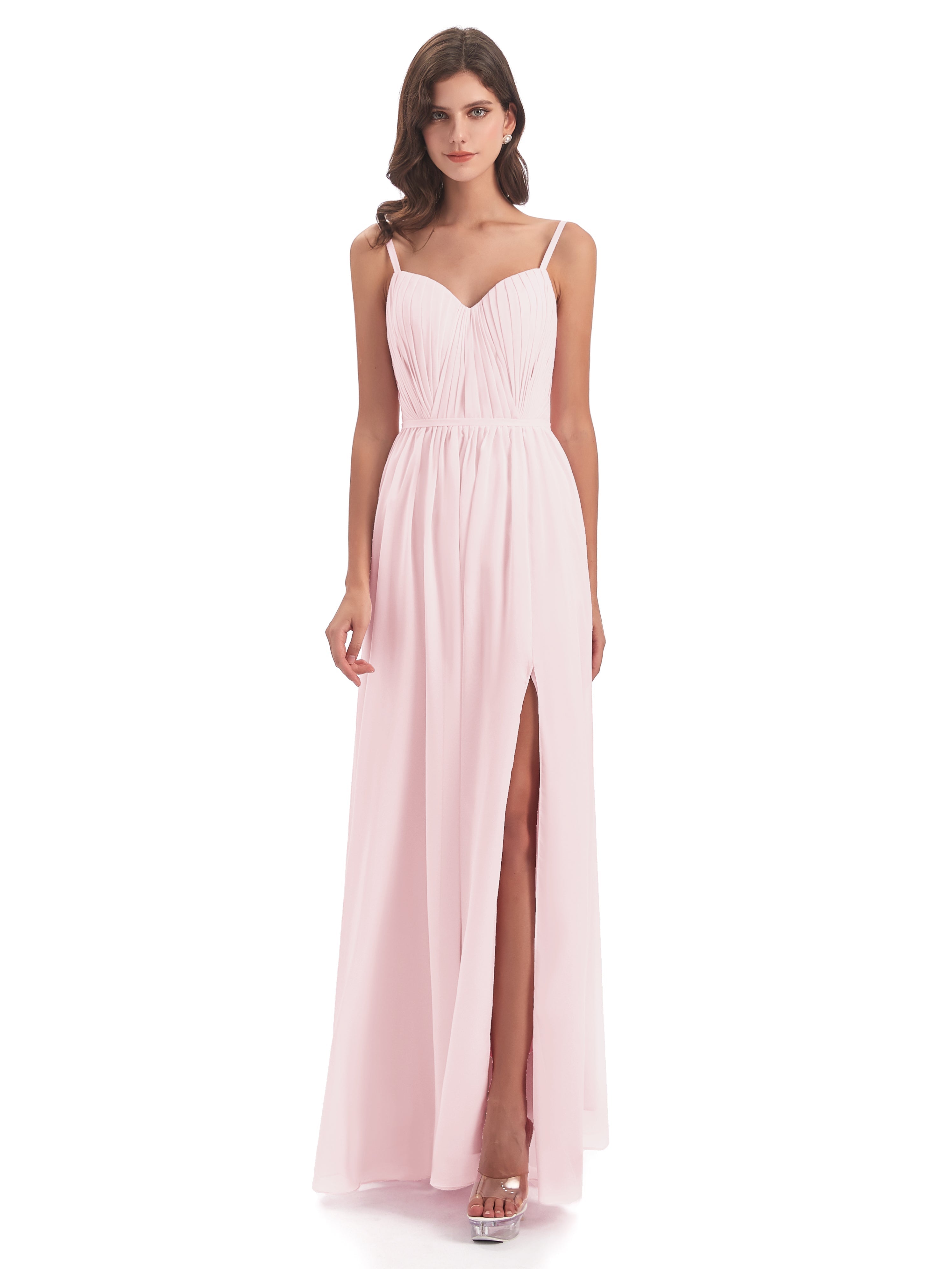 Robe Demoiselles D Honneur Rose Pale Bretelles Spaghetti Fendue Devant Robes Demoiselle D'Honneur