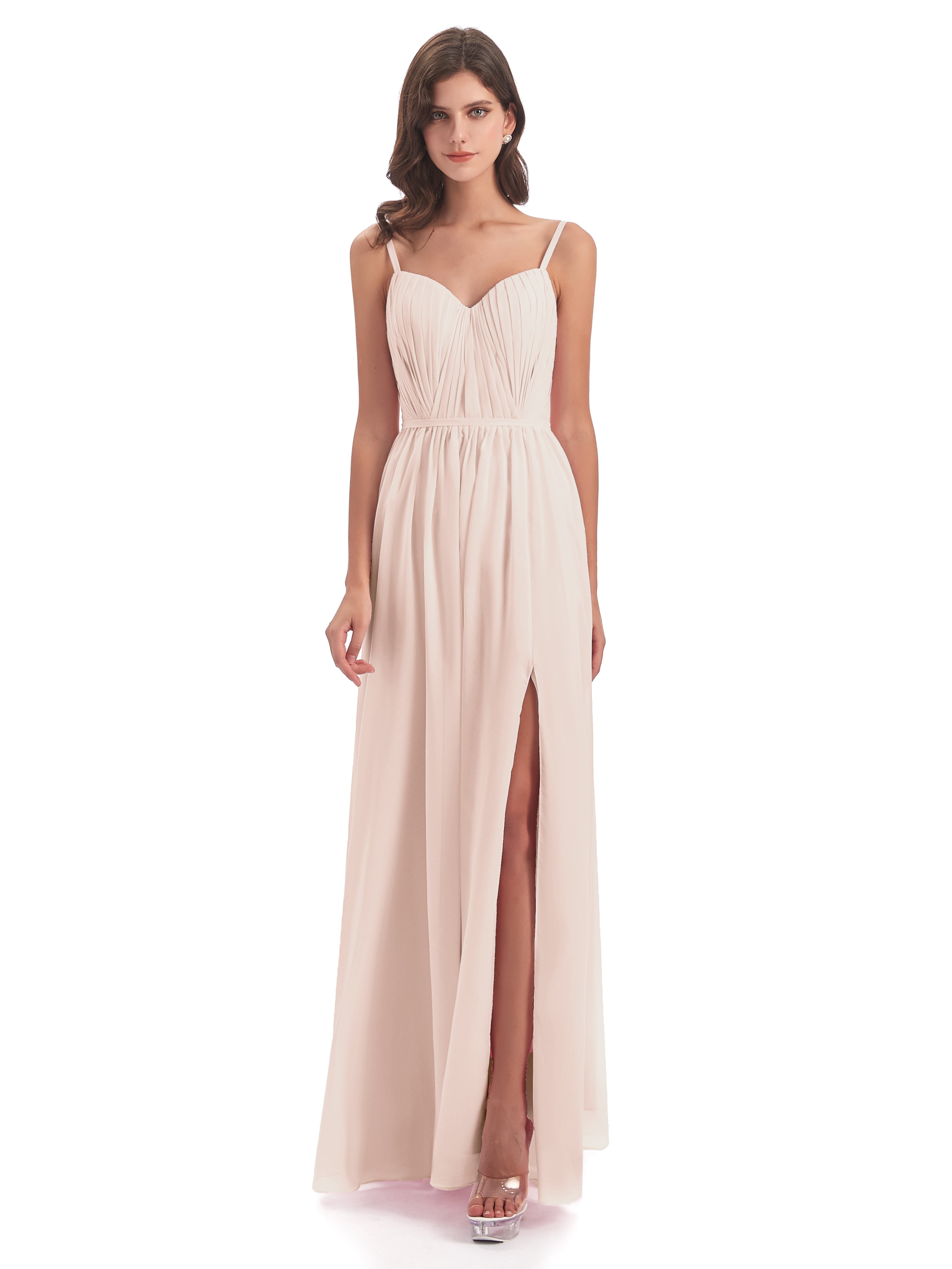 Robe Demoiselle D Honneur Rose Perle Bretelles Spaghetti Fendue Devant Robes Demoiselle D'Honneur