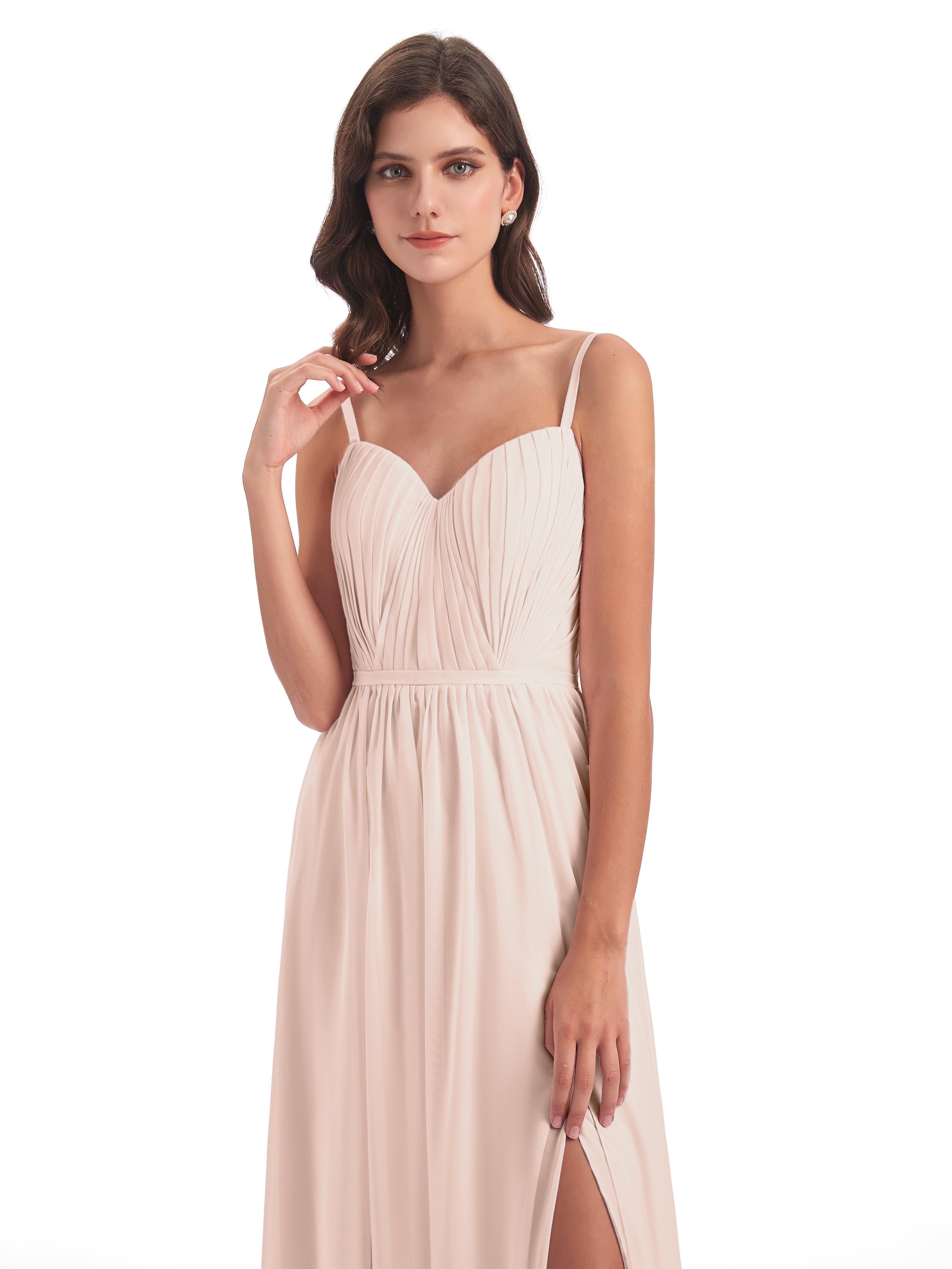 Robe Demoiselle D Honneur Rose Perle Bretelles Spaghetti Fendue Devant Robes Demoiselle D'Honneur