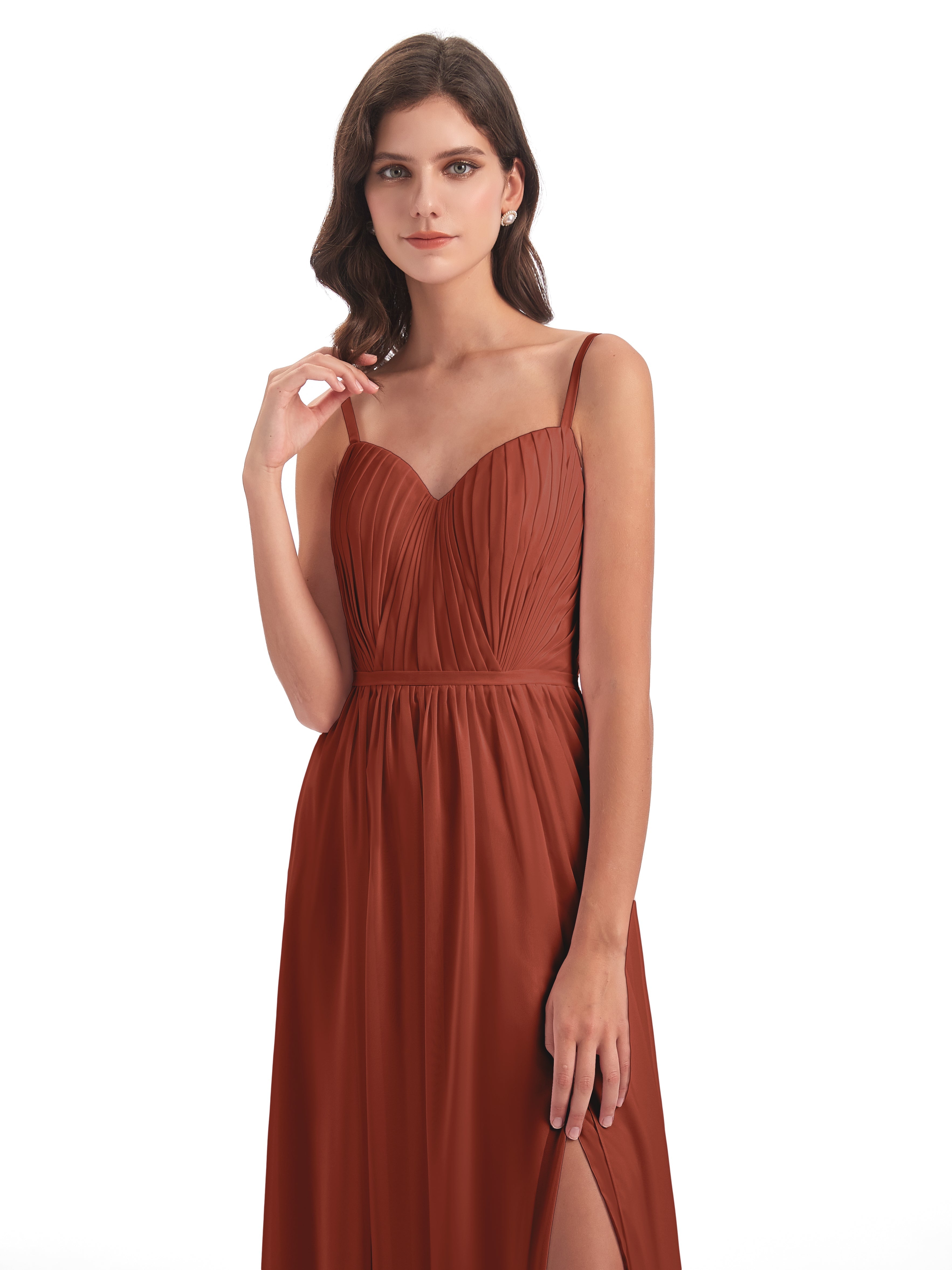 Rouille De Demoiselle D'Honneur Bretelles Spaghetti Fendue Devant Robes Demoiselle D'Honneur