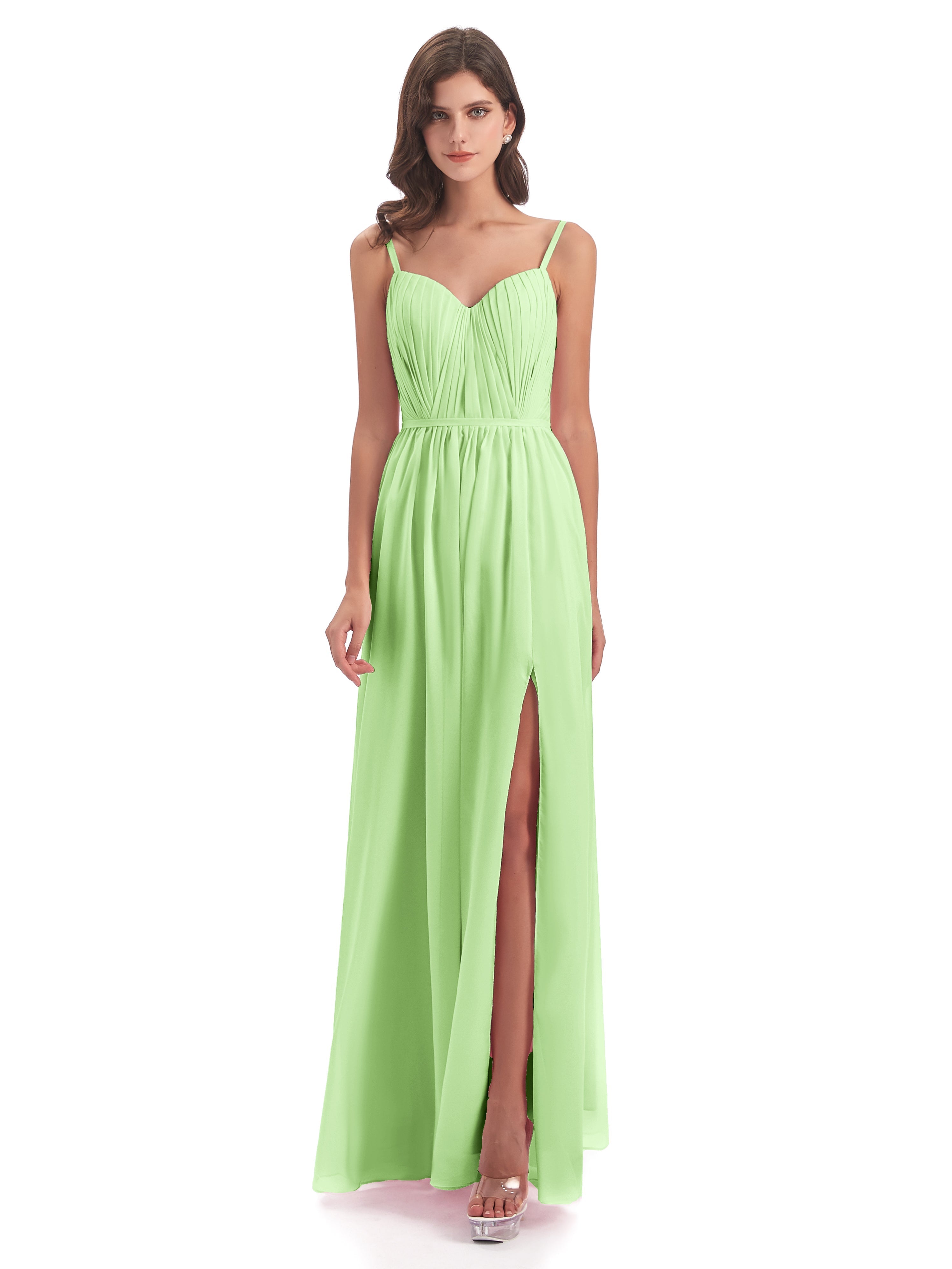 Robe Demoiselle D Honneur Sauge Bretelles Spaghetti Fendue Devant Robes Demoiselle D'Honneur
