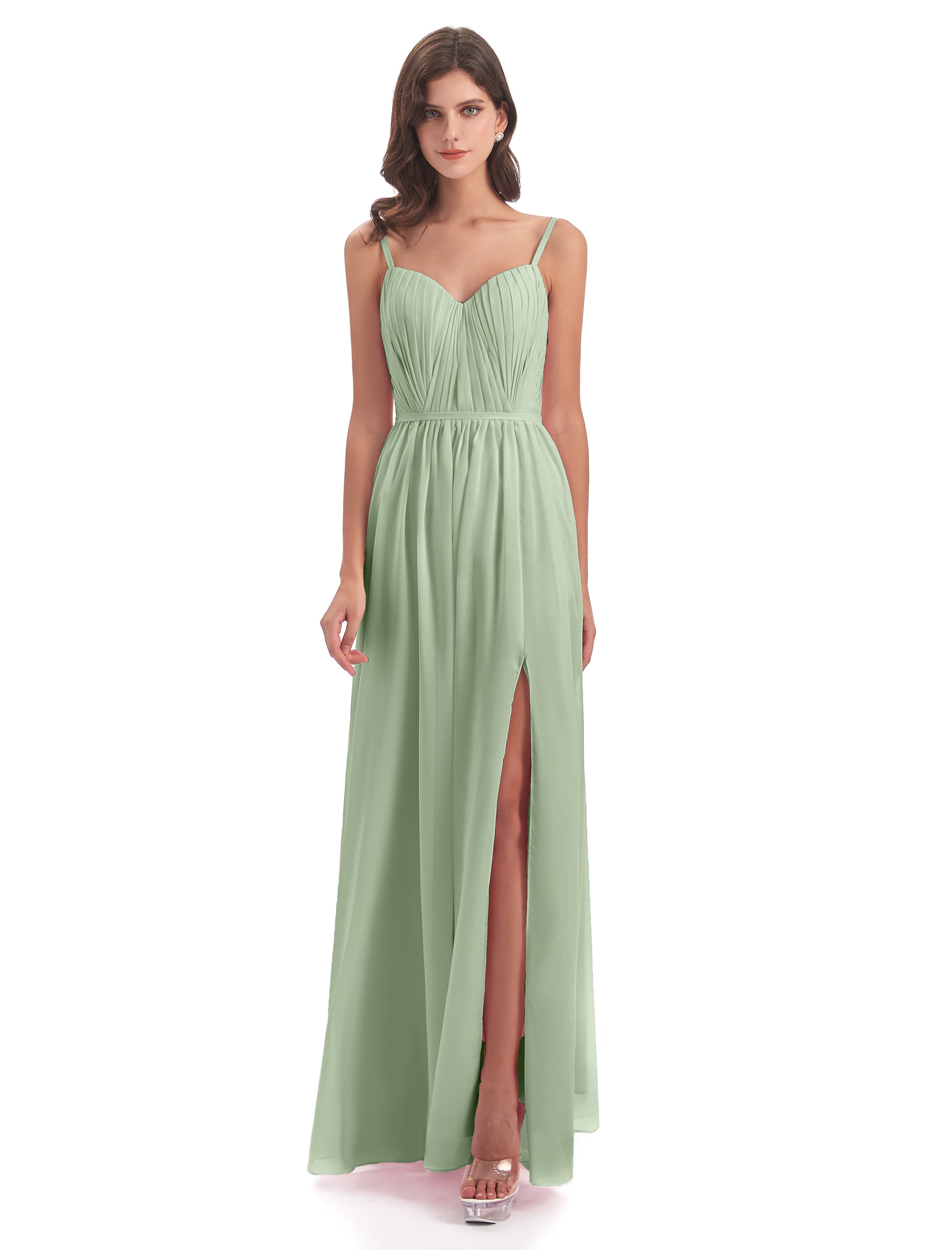 Robe De Demoiselle D'Honneur De Sauge Poussiéreuse Au Sol Bretelles Spaghetti Fendue Devant Robes Demoiselle D'Honneur