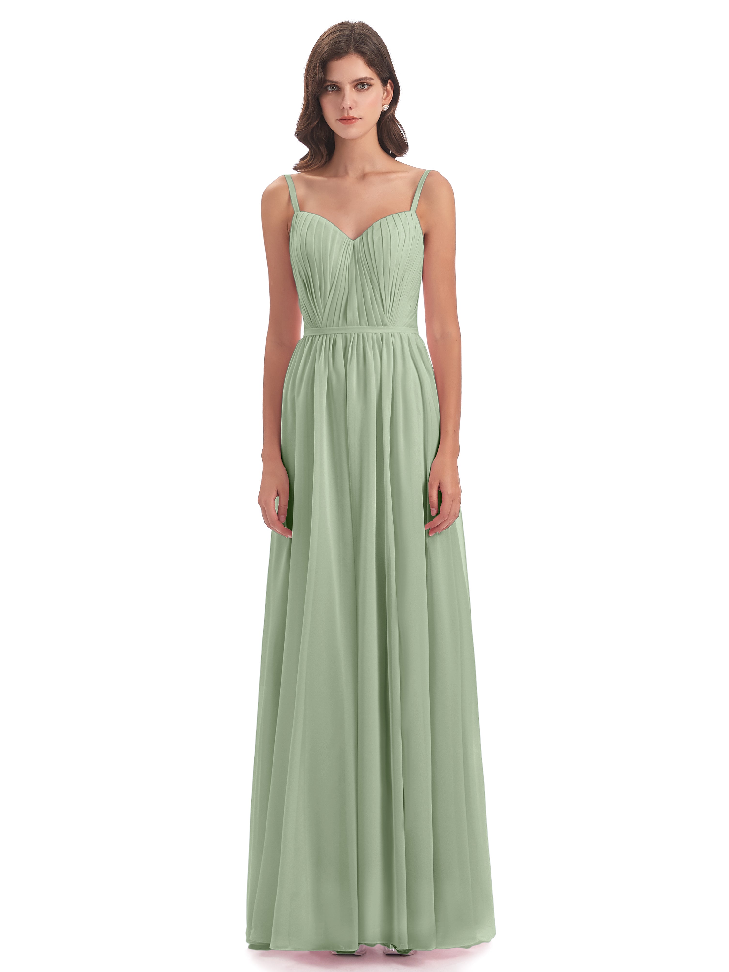 Robe De Demoiselle D'Honneur De Sauge Poussiéreuse Au Sol Bretelles Spaghetti Fendue Devant Robes Demoiselle D'Honneur