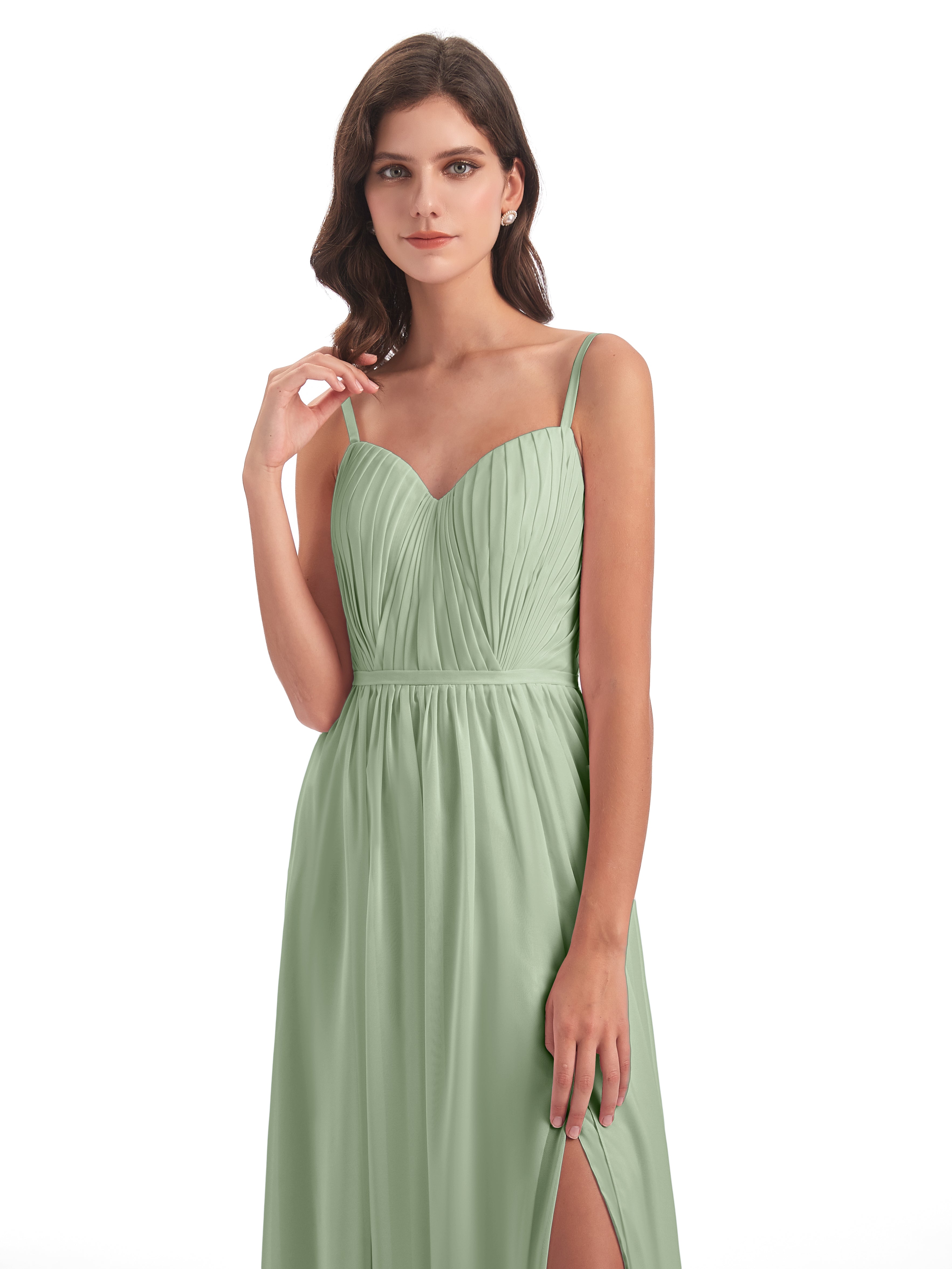 Robe De Demoiselle D'Honneur De Sauge Poussiéreuse Au Sol Bretelles Spaghetti Fendue Devant Robes Demoiselle D'Honneur