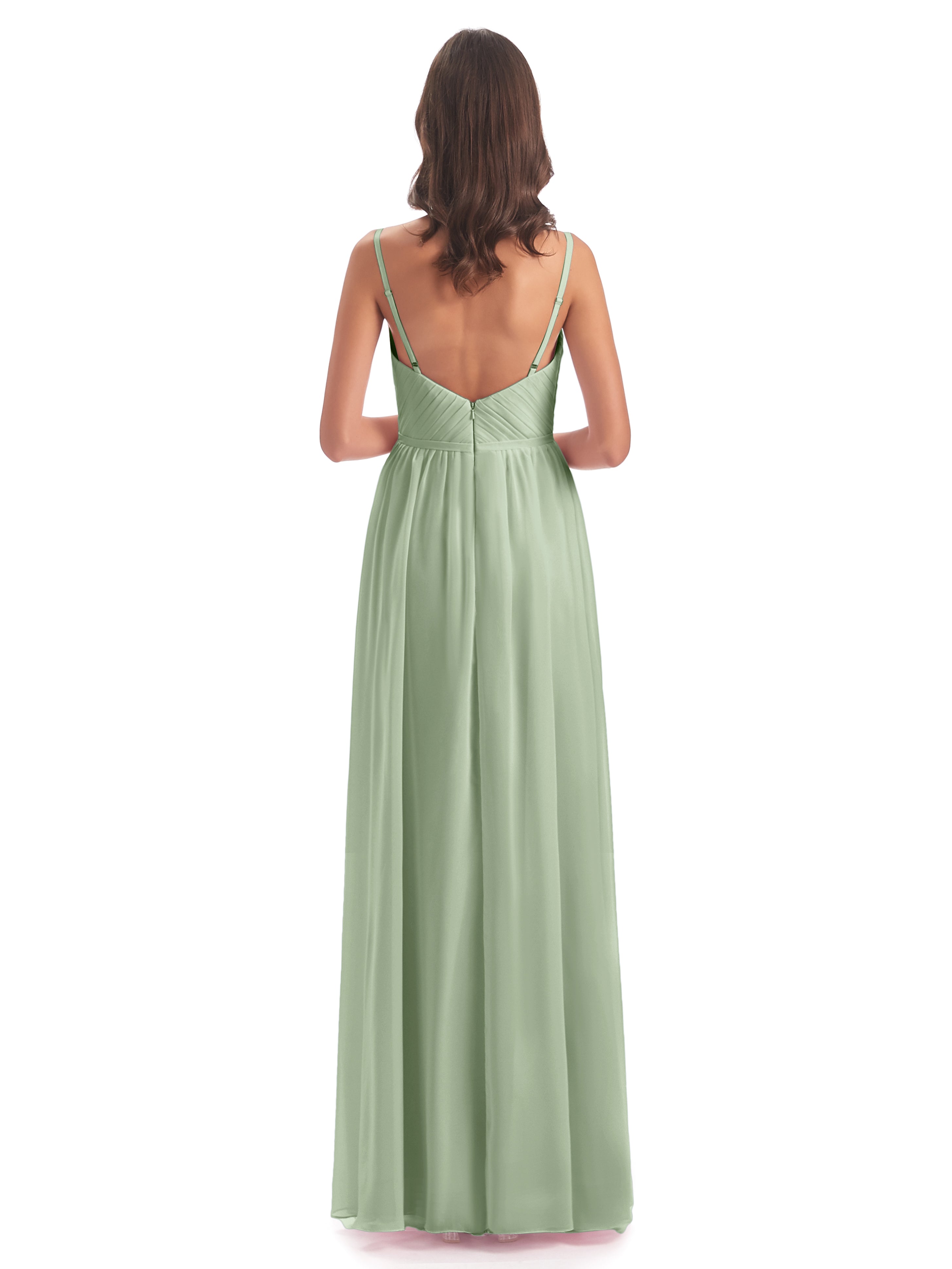 Robe De Demoiselle D'Honneur De Sauge Poussiéreuse Au Sol Bretelles Spaghetti Fendue Devant Robes Demoiselle D'Honneur