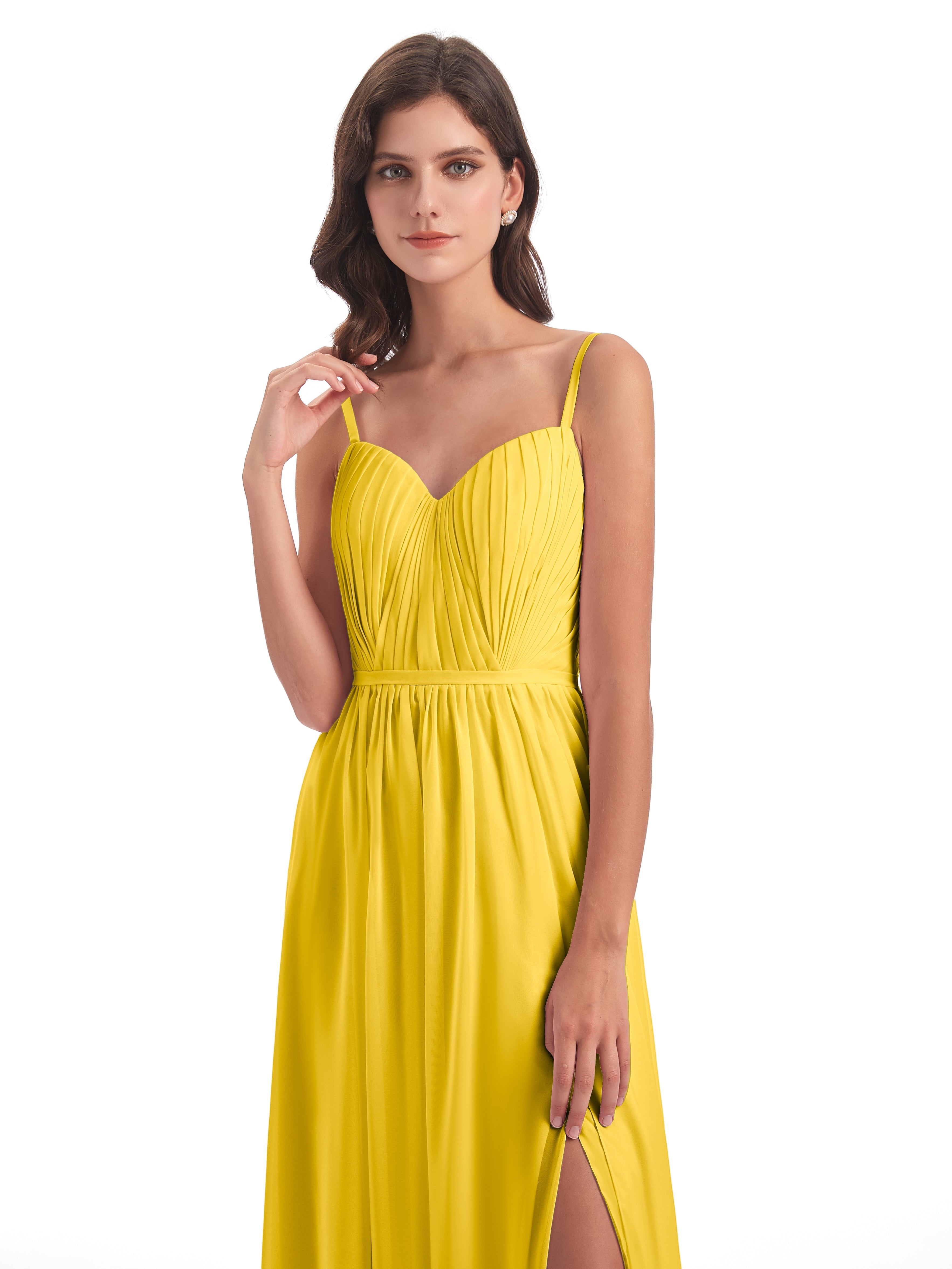 Robe De Demoiselle D'Honneur Souci Bretelles Spaghetti Fendue Devant Robes Demoiselle D'Honneur