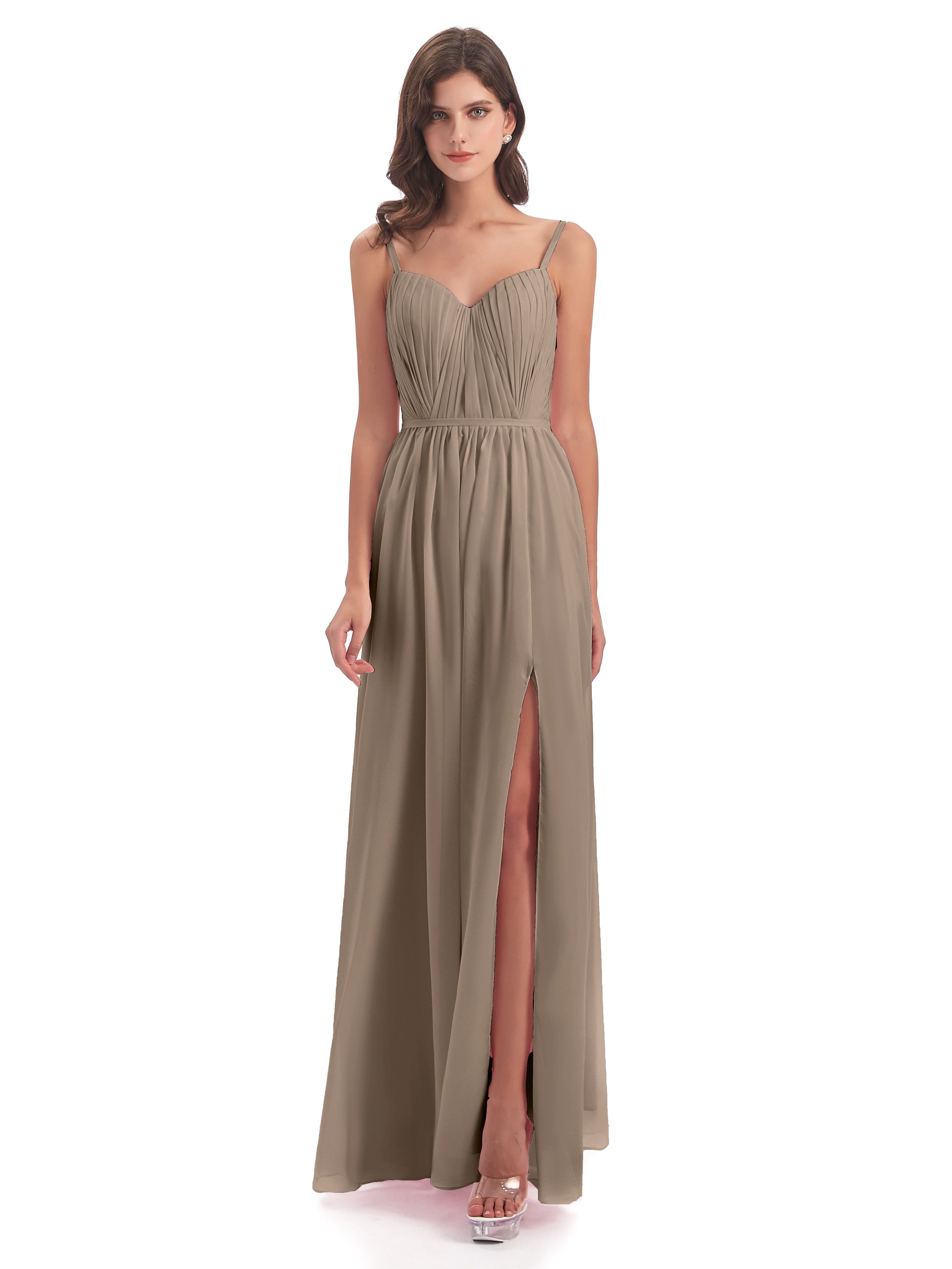 Couleur Taupe Robe Bretelles Spaghetti Fendue Devant Robes Demoiselle D'Honneur