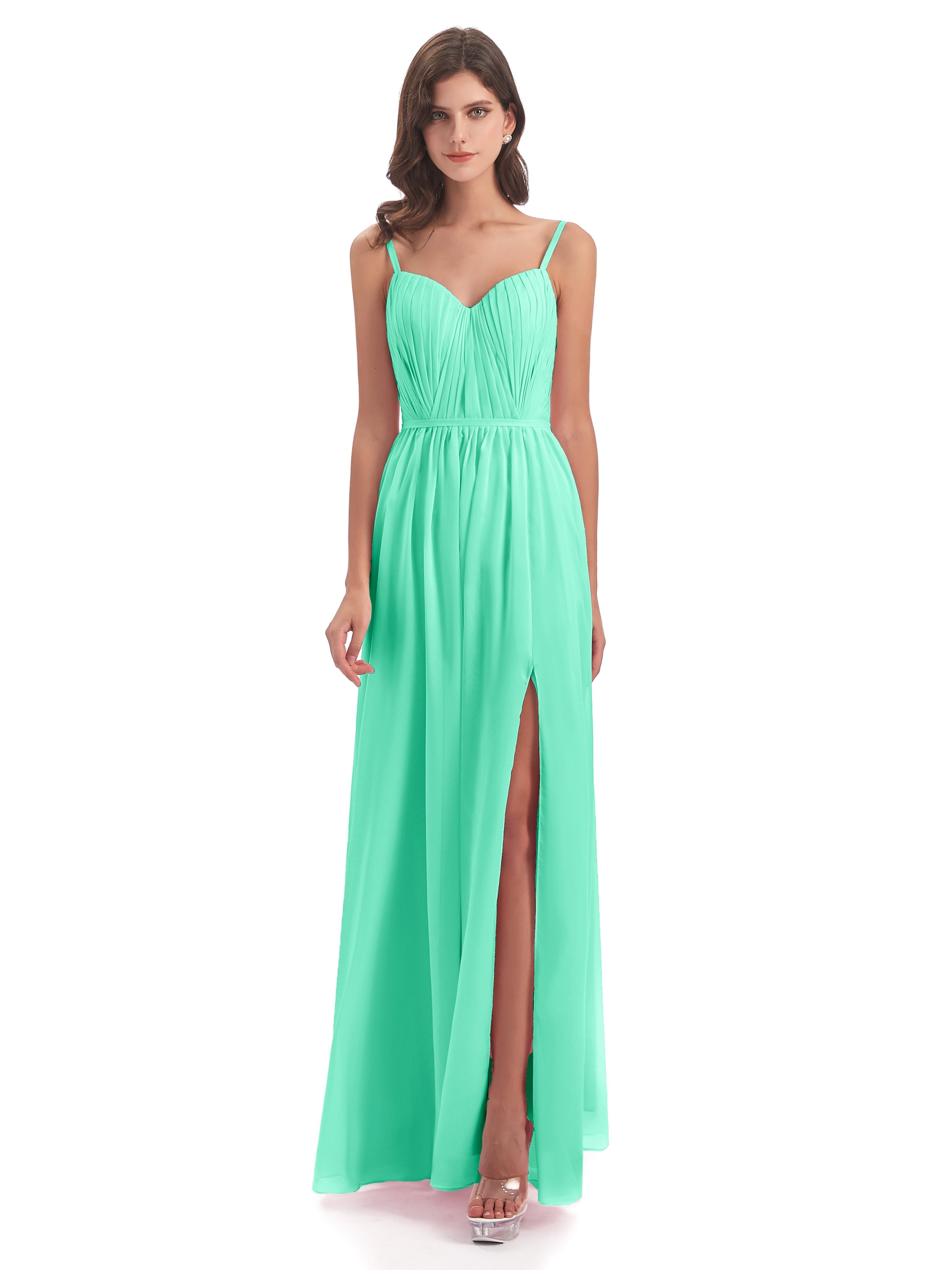 Robes De Demoiselle D'Honneur Turquoise Bretelles Spaghetti Fendue Devant Robes Demoiselle D'Honneur