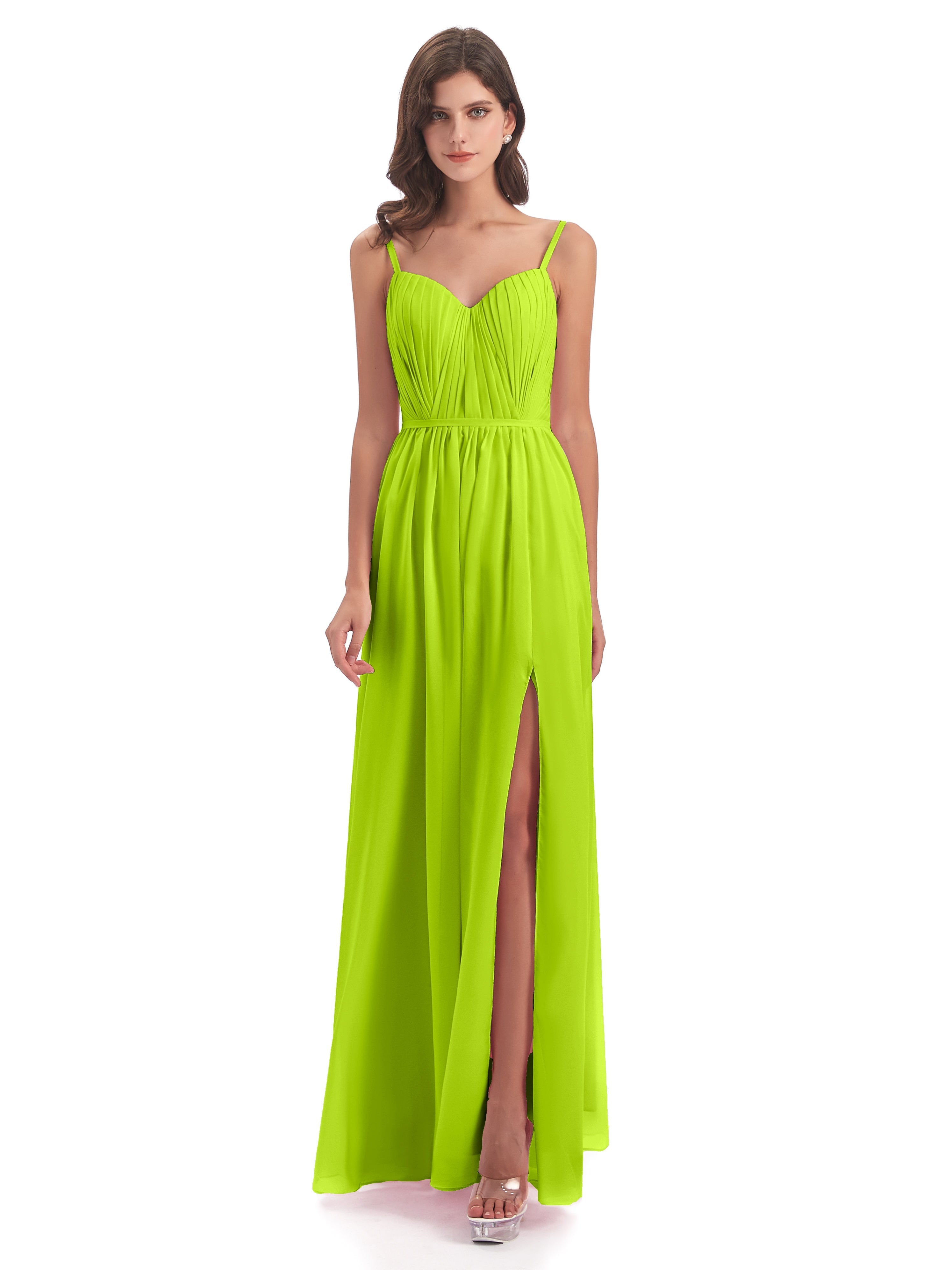 Robes De Demoiselle D'Honneur Vert Citron Bretelles Spaghetti Fendue Devant Robes Demoiselle D'Honneur