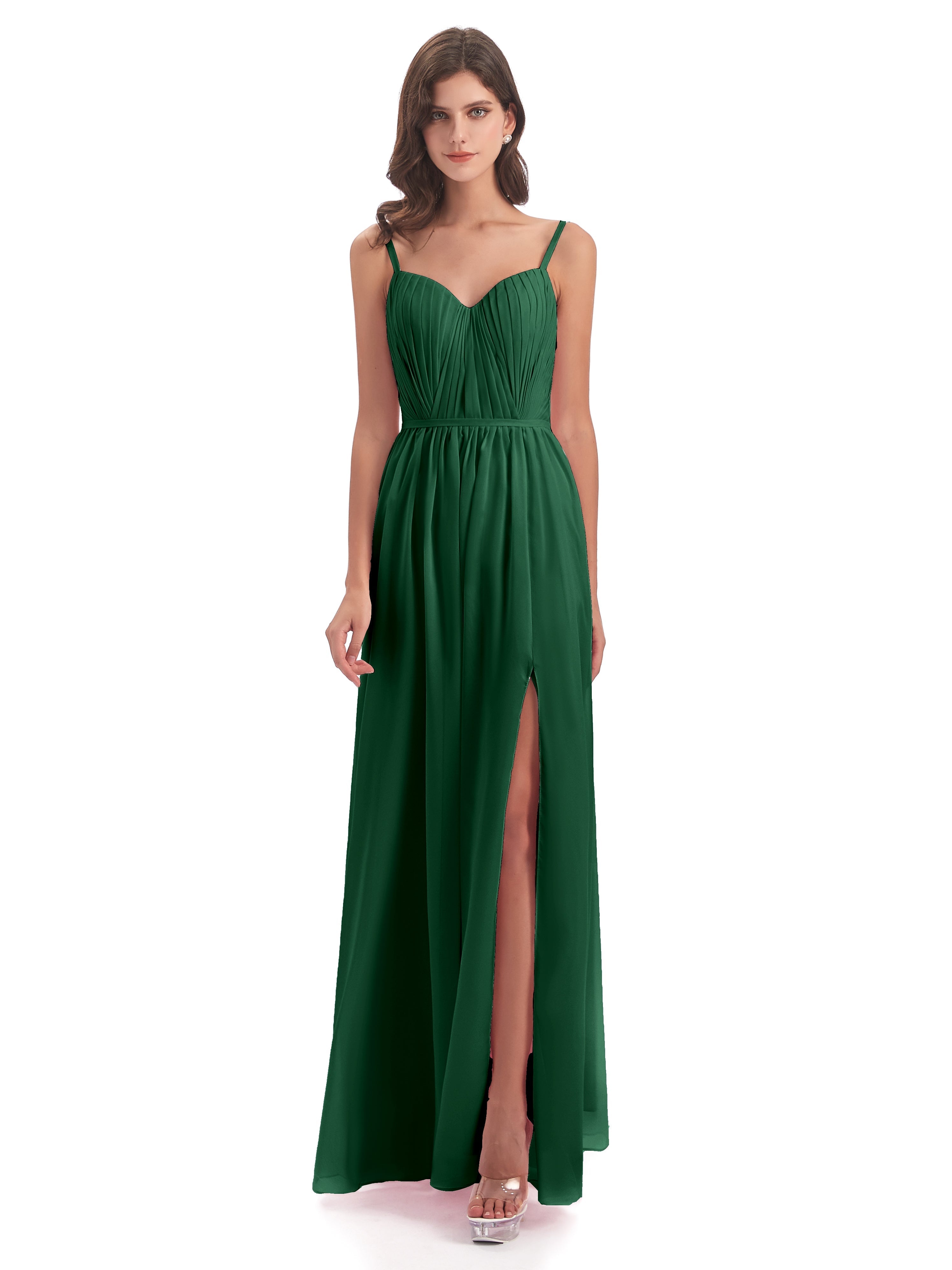 Robes De Demoiselle D'Honneur Vert Foncé Bretelles Spaghetti Fendue Devant Robes Demoiselle D'Honneur