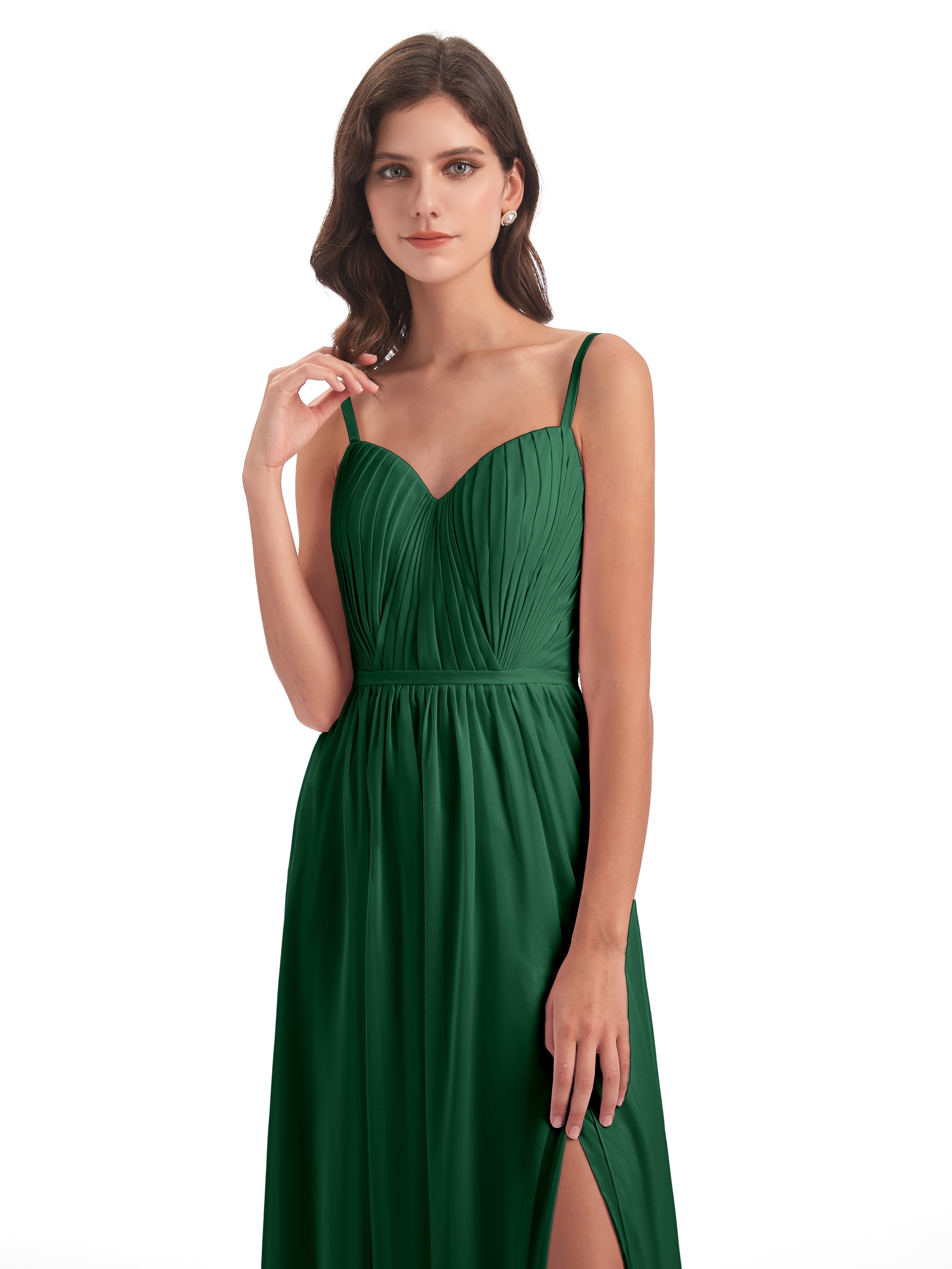 Robes De Demoiselle D'Honneur Vert Foncé Bretelles Spaghetti Fendue Devant Robes Demoiselle D'Honneur