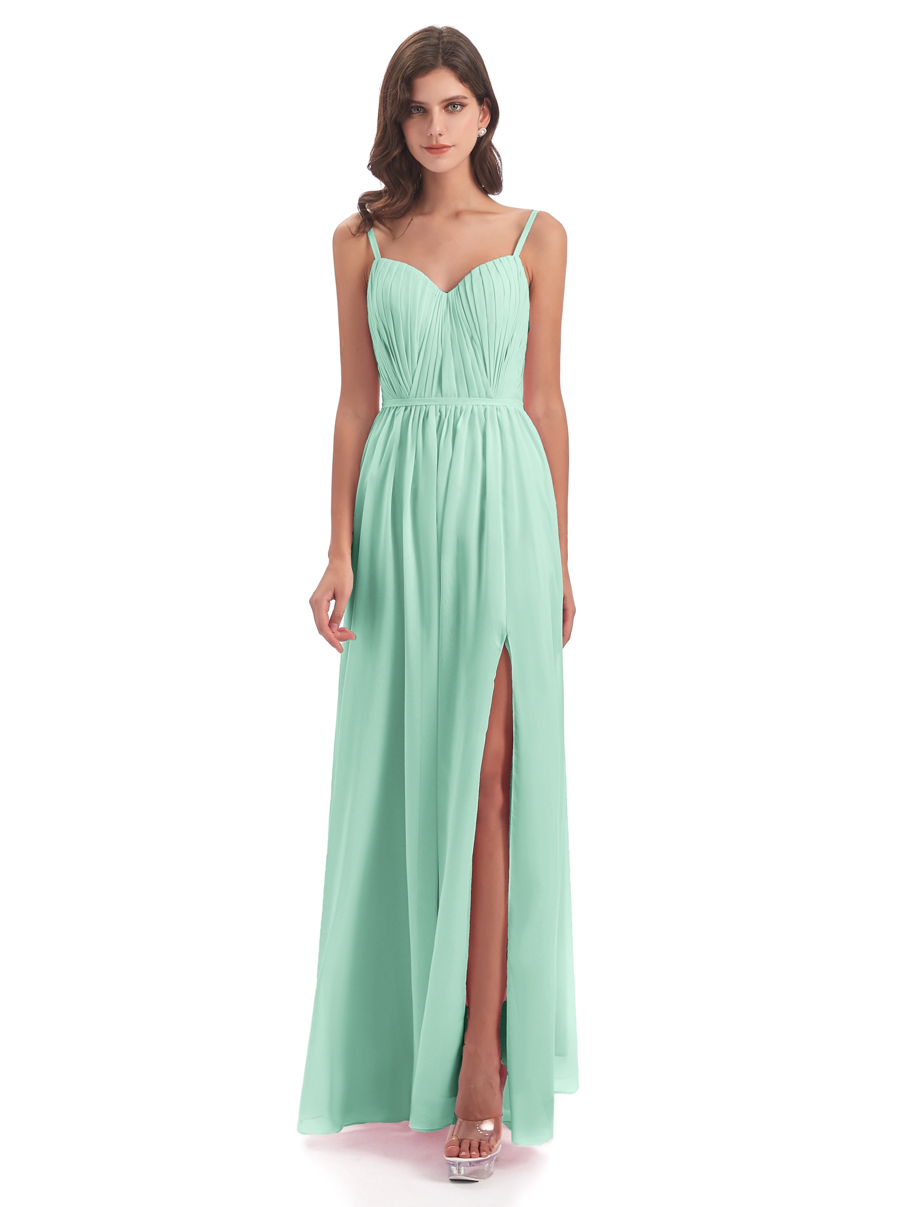 Robe Demoiselle D Honneur Vert Menthe Bretelles Spaghetti Fendue Devant Robes Demoiselle D'Honneur