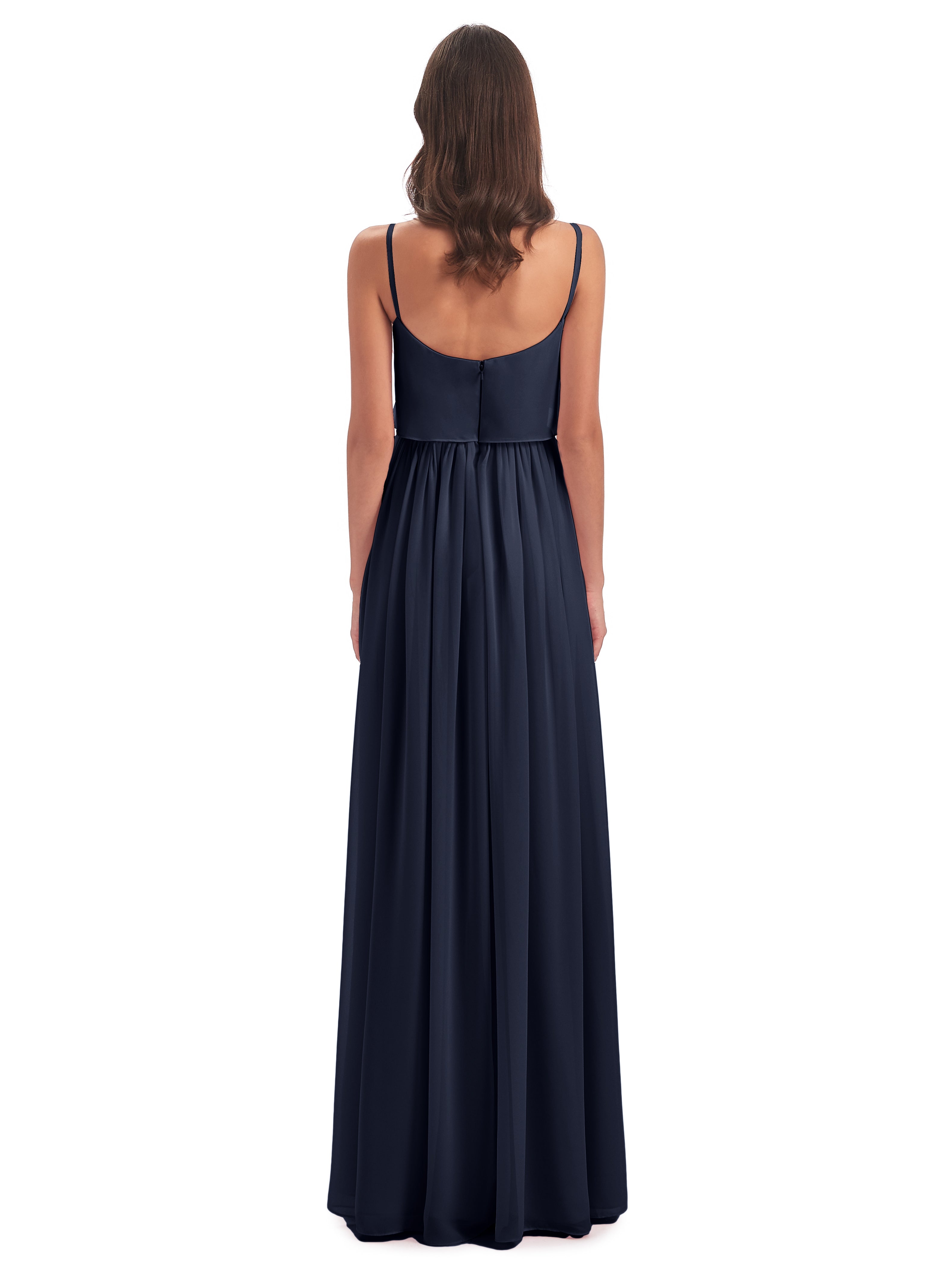 Longues Robes De Demoiselle D'Honneur Bleu Marine Bretelles Spaghetti Mousseline Longue Robes Demoiselle D'Honneur