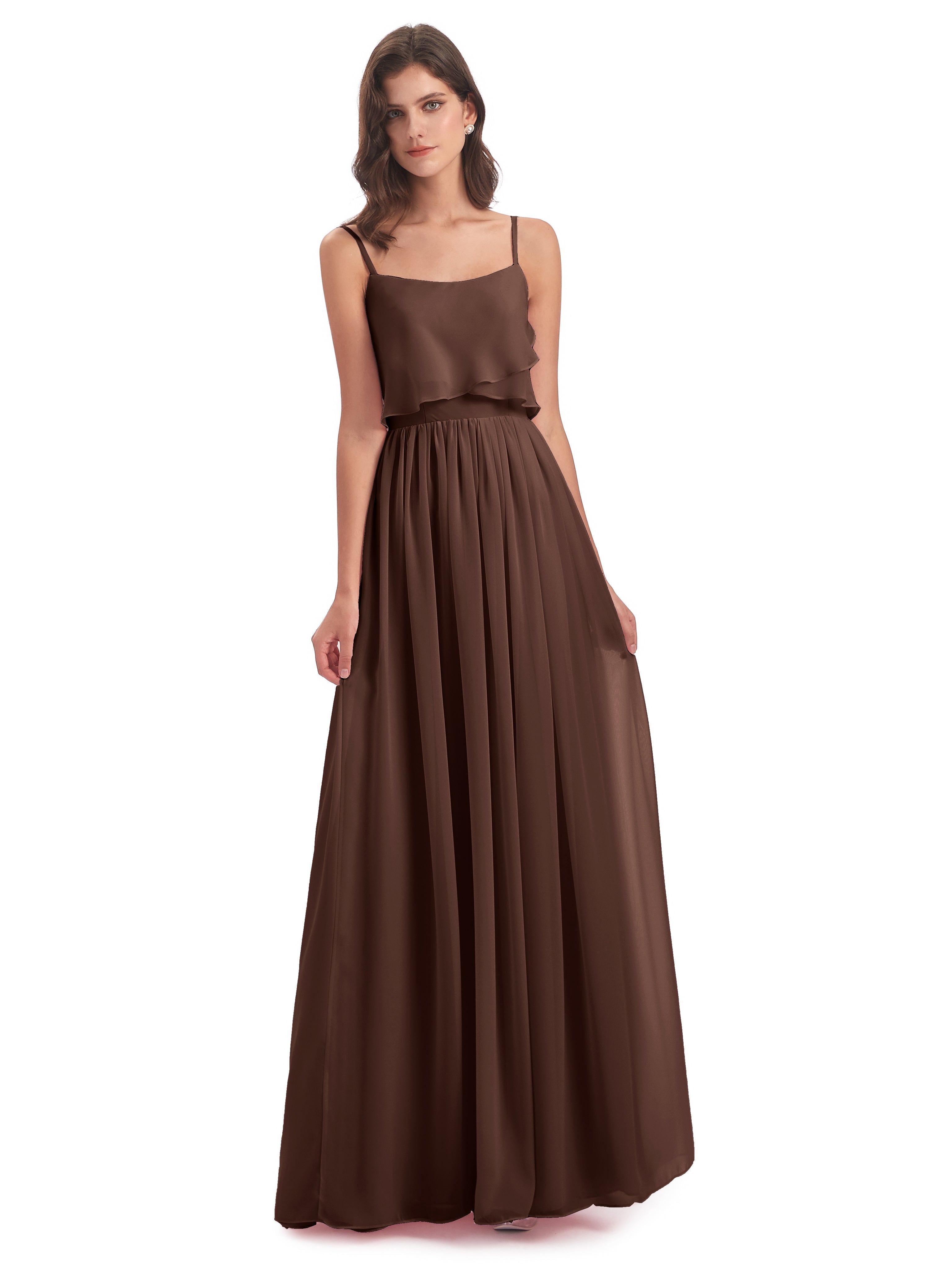 Robe Demoiselle D Honneur Chocolat Bretelles Spaghetti Mousseline Longue Robes Demoiselle D'Honneur