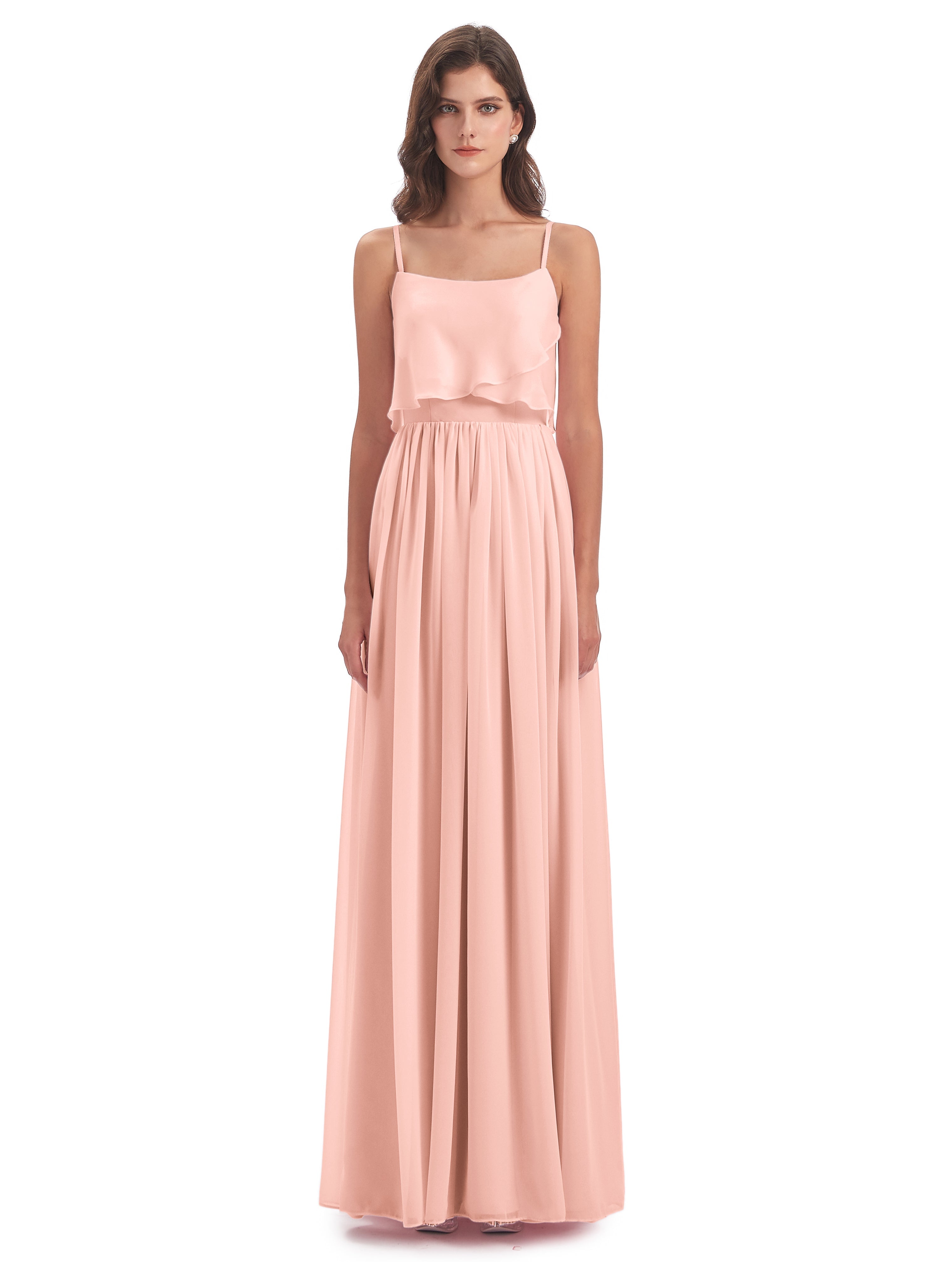 Robes De Demoiselle D Honneur Corail Bretelles Spaghetti Mousseline Longue Robes Demoiselle D'Honneur