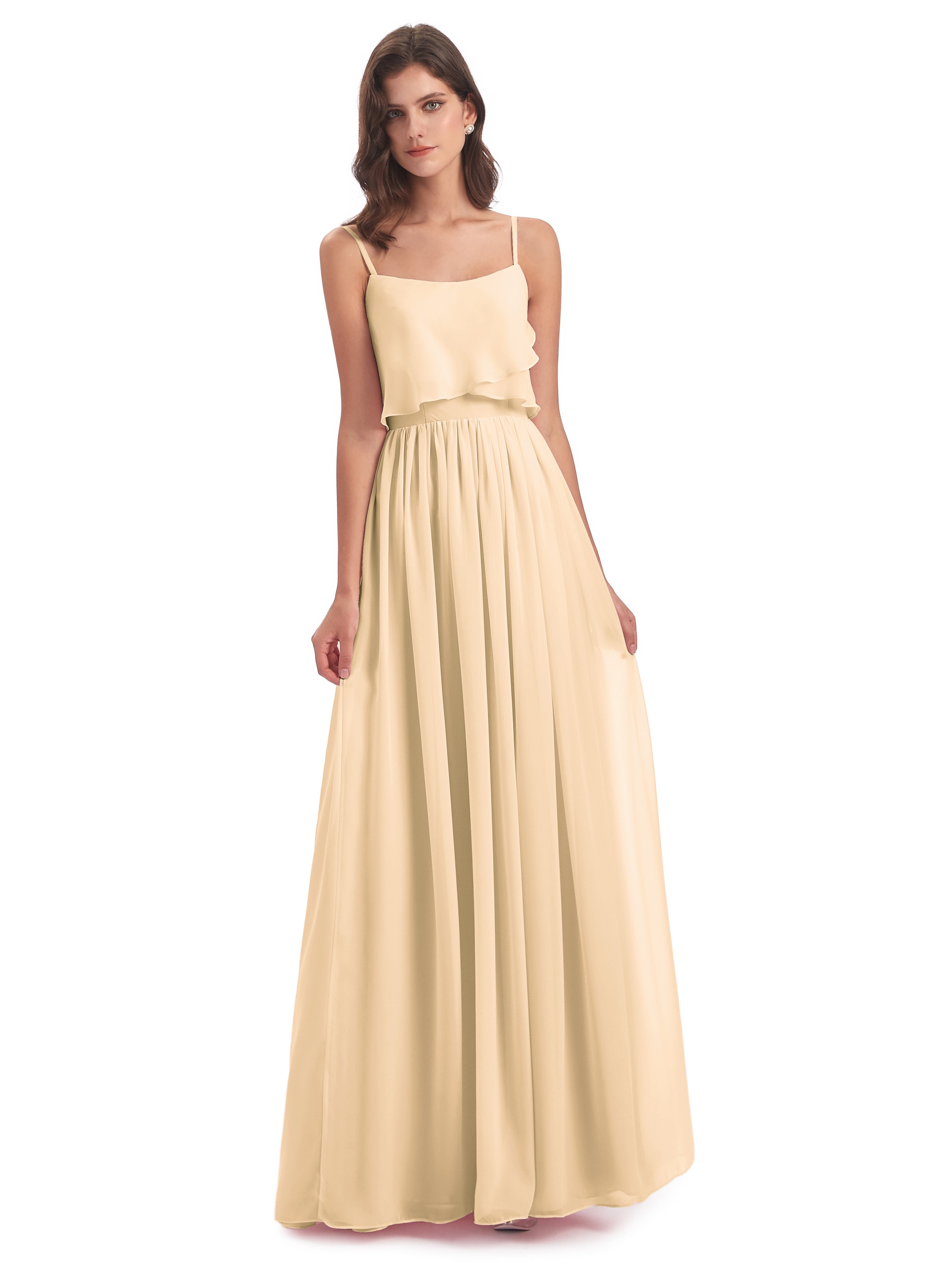 Robe Peche Demoiselle D Honneur Bretelles Spaghetti Mousseline Longue Robes Demoiselle D'Honneur