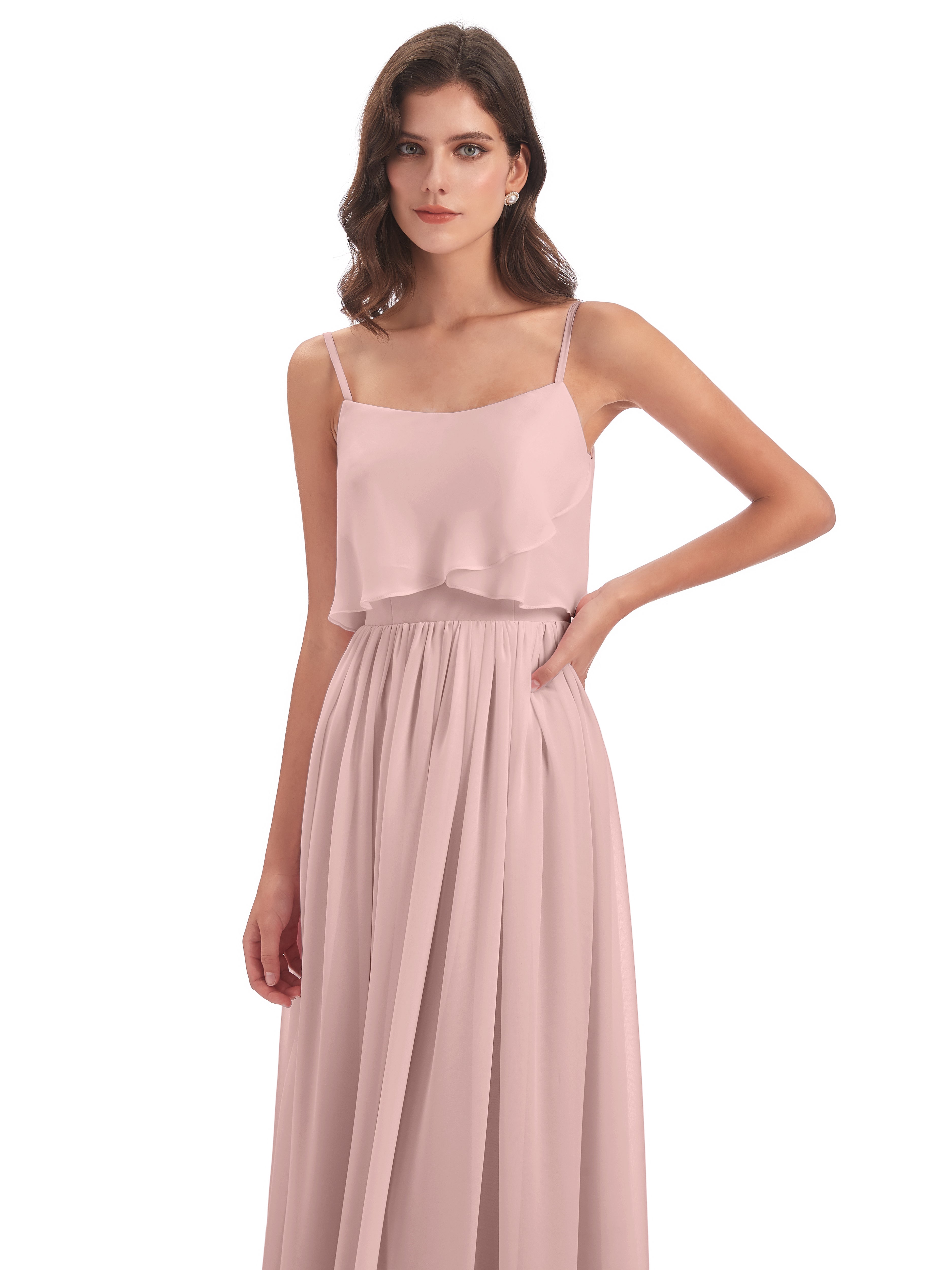 Robe Rose Poudrée Demoiselle D Honneur Bretelles Spaghetti Mousseline Longue Robes Demoiselle D'Honneur