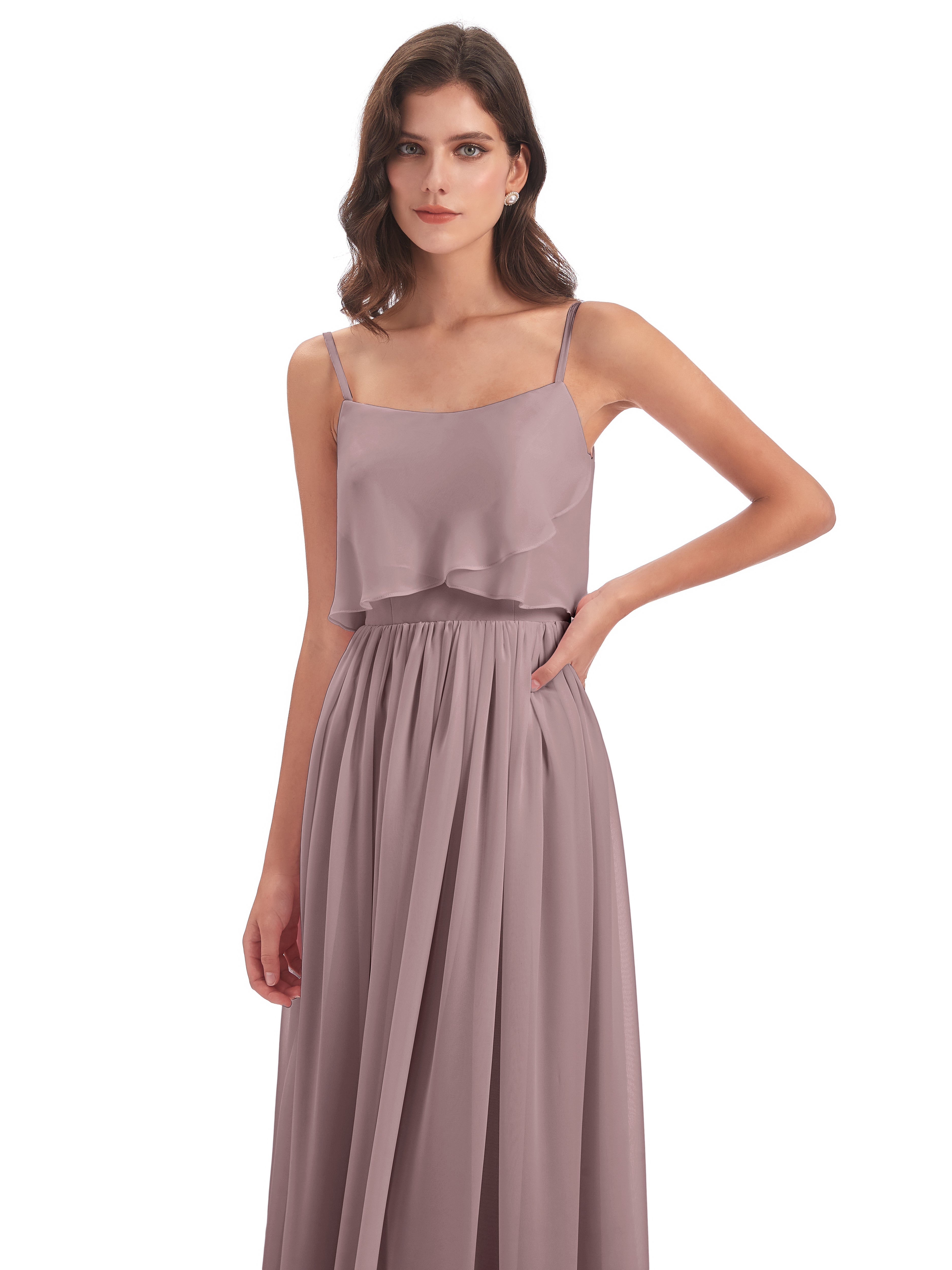 Robes De Demoiselle D'Honneur Mauve Foncé Bretelles Spaghetti Mousseline Longue Robes Demoiselle D'Honneur