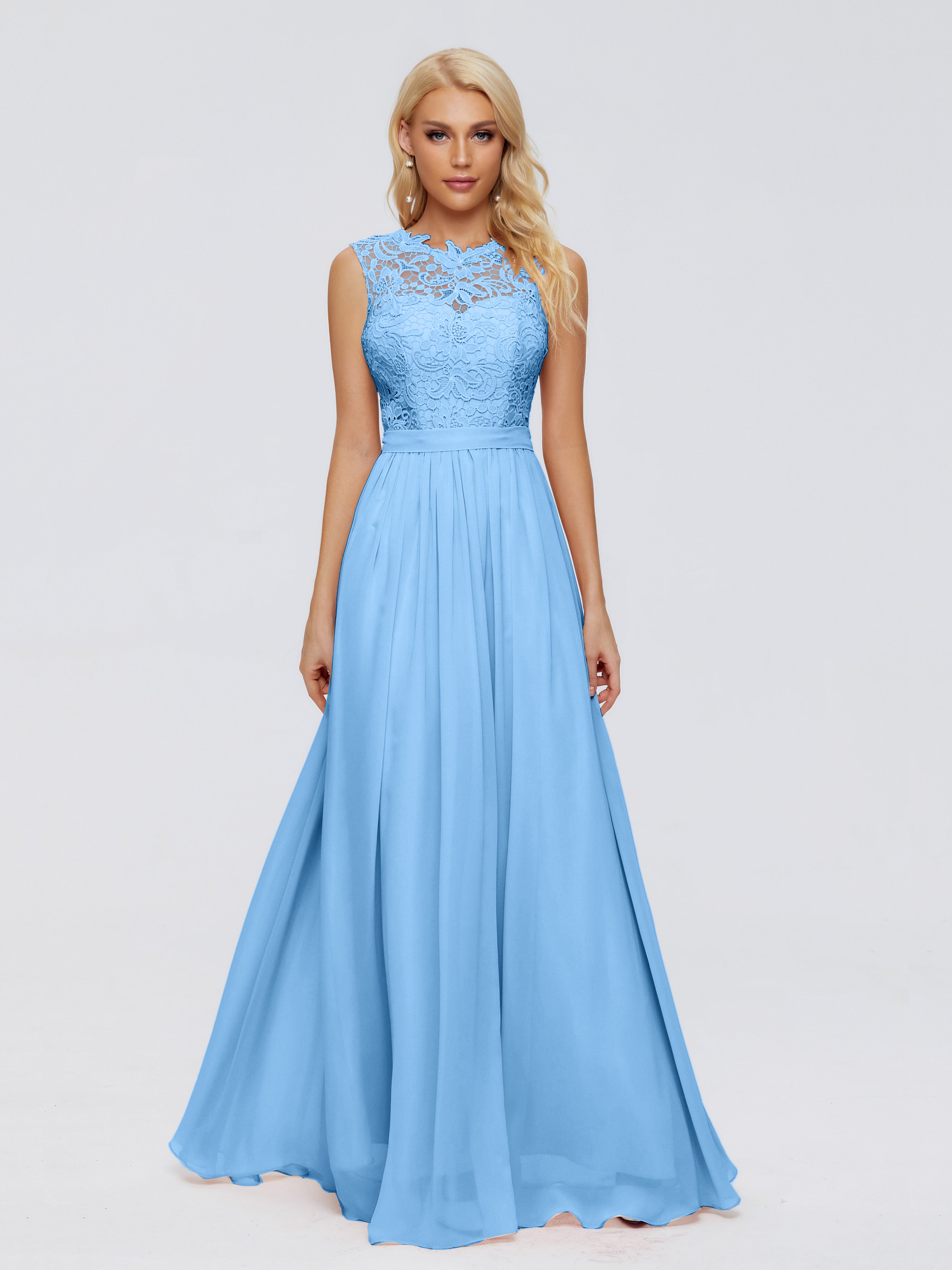 Demoiselle D Honneur Bleu Trapèze Bateau Mousseline Robes Demoiselle D'Honneur