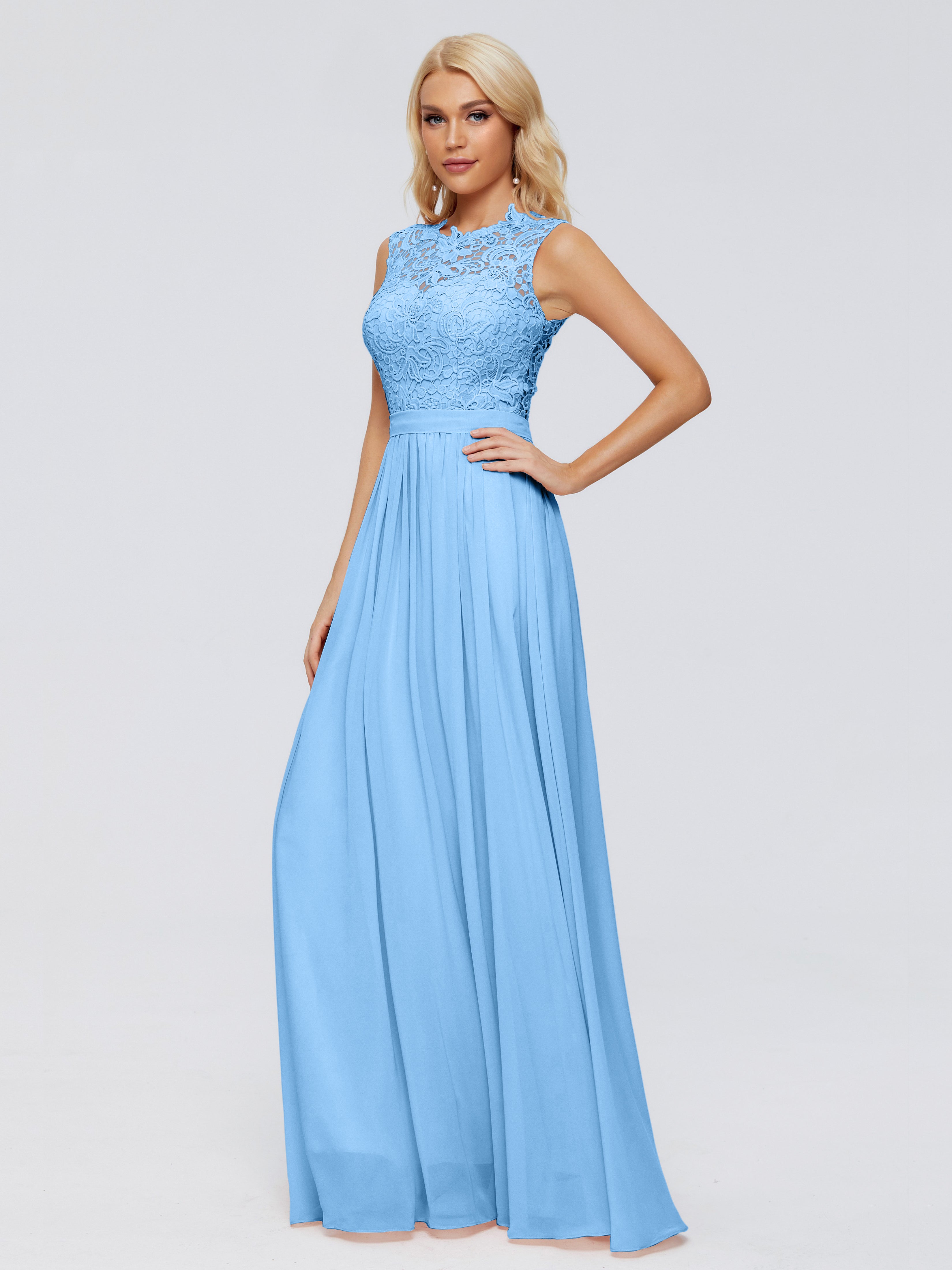 Demoiselle D Honneur Bleu Trapèze Bateau Mousseline Robes Demoiselle D'Honneur