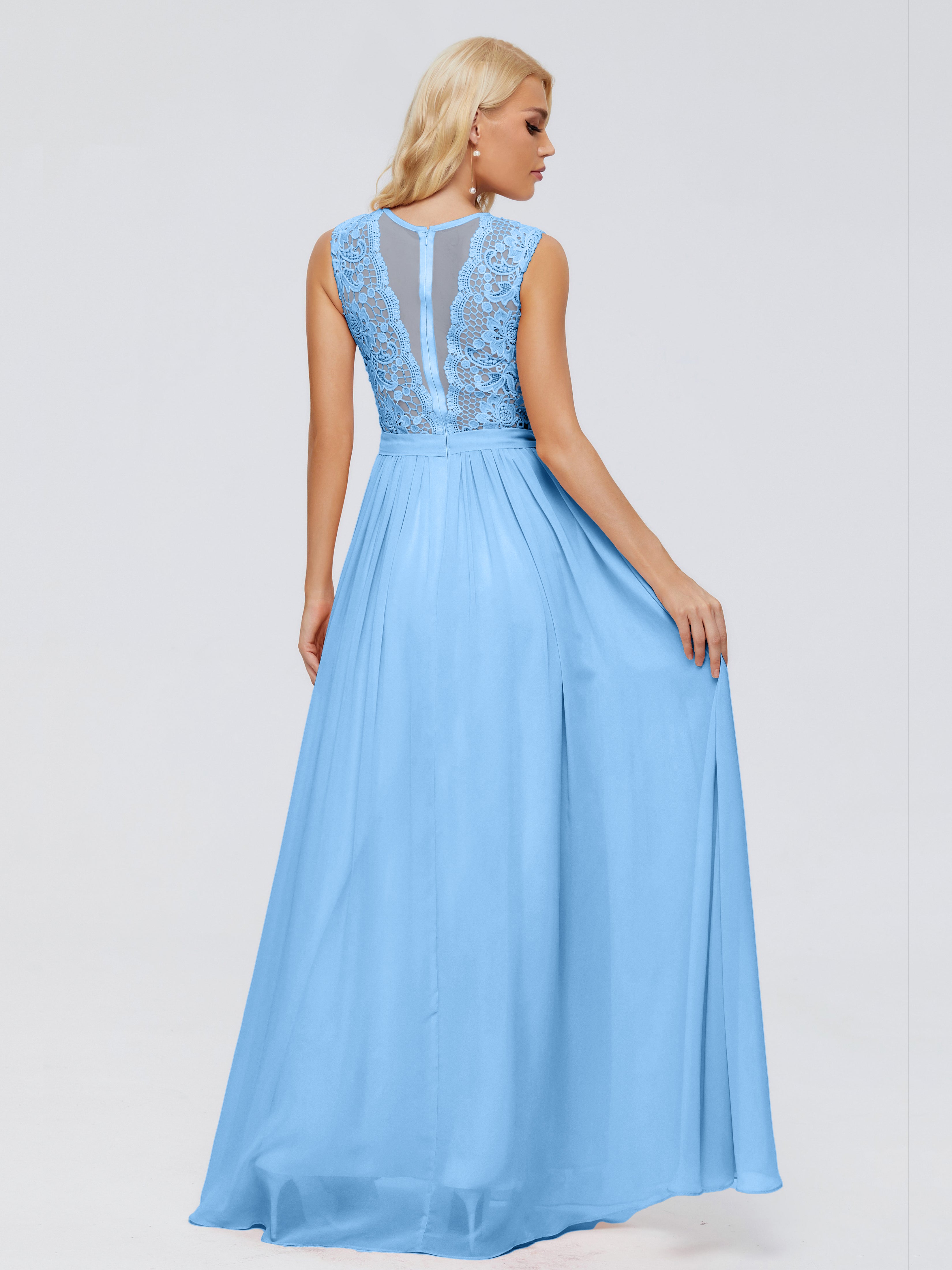 Demoiselle D Honneur Bleu Trapèze Bateau Mousseline Robes Demoiselle D'Honneur