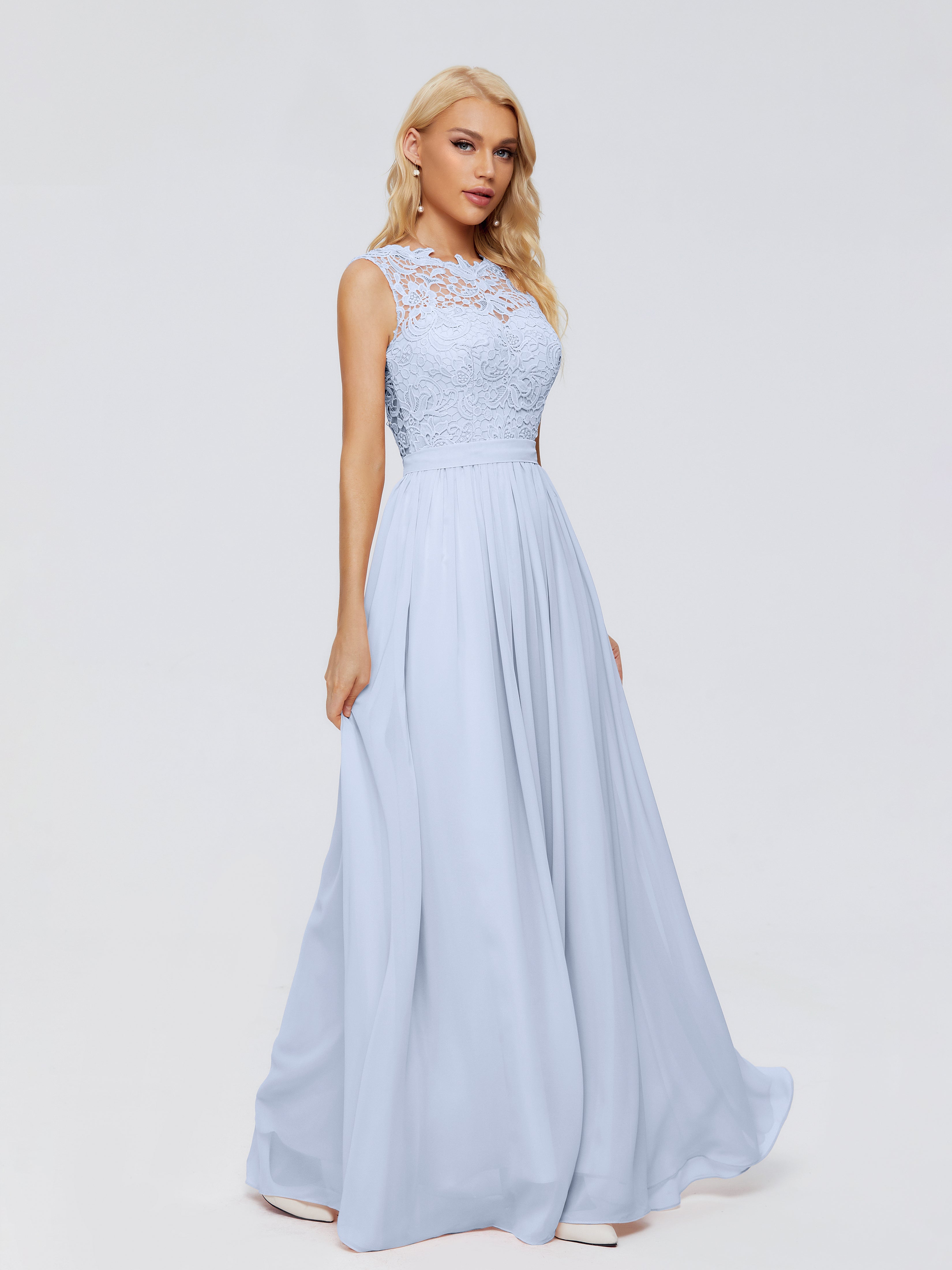 Robe Bleu Ciel Demoiselle D Honneur Trapèze Bateau Mousseline Robes Demoiselle D'Honneur