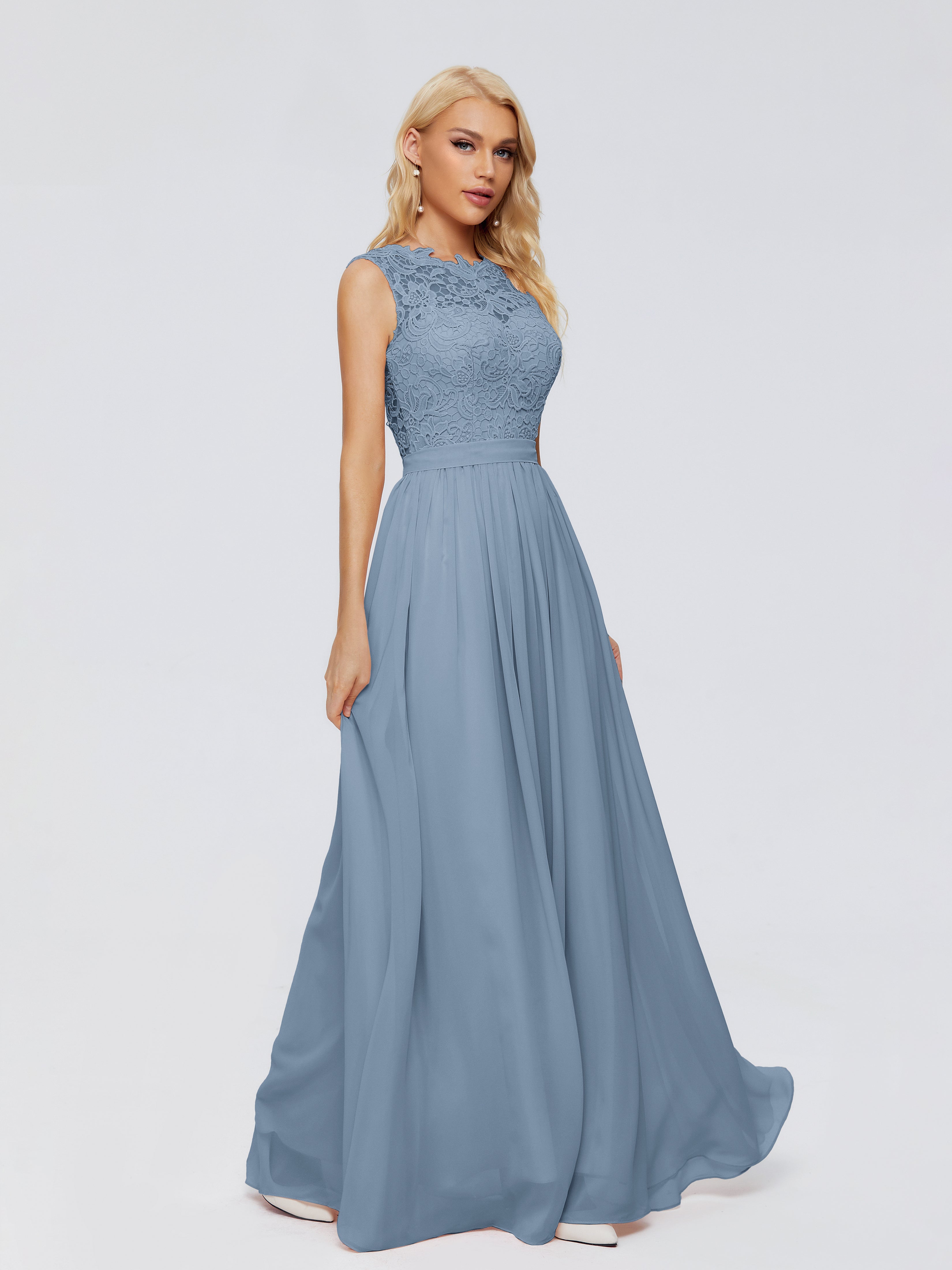 Robes De Demoiselle D'Honneur Bleu De Schiste Trapèze Bateau Mousseline Robes Demoiselle D'Honneur