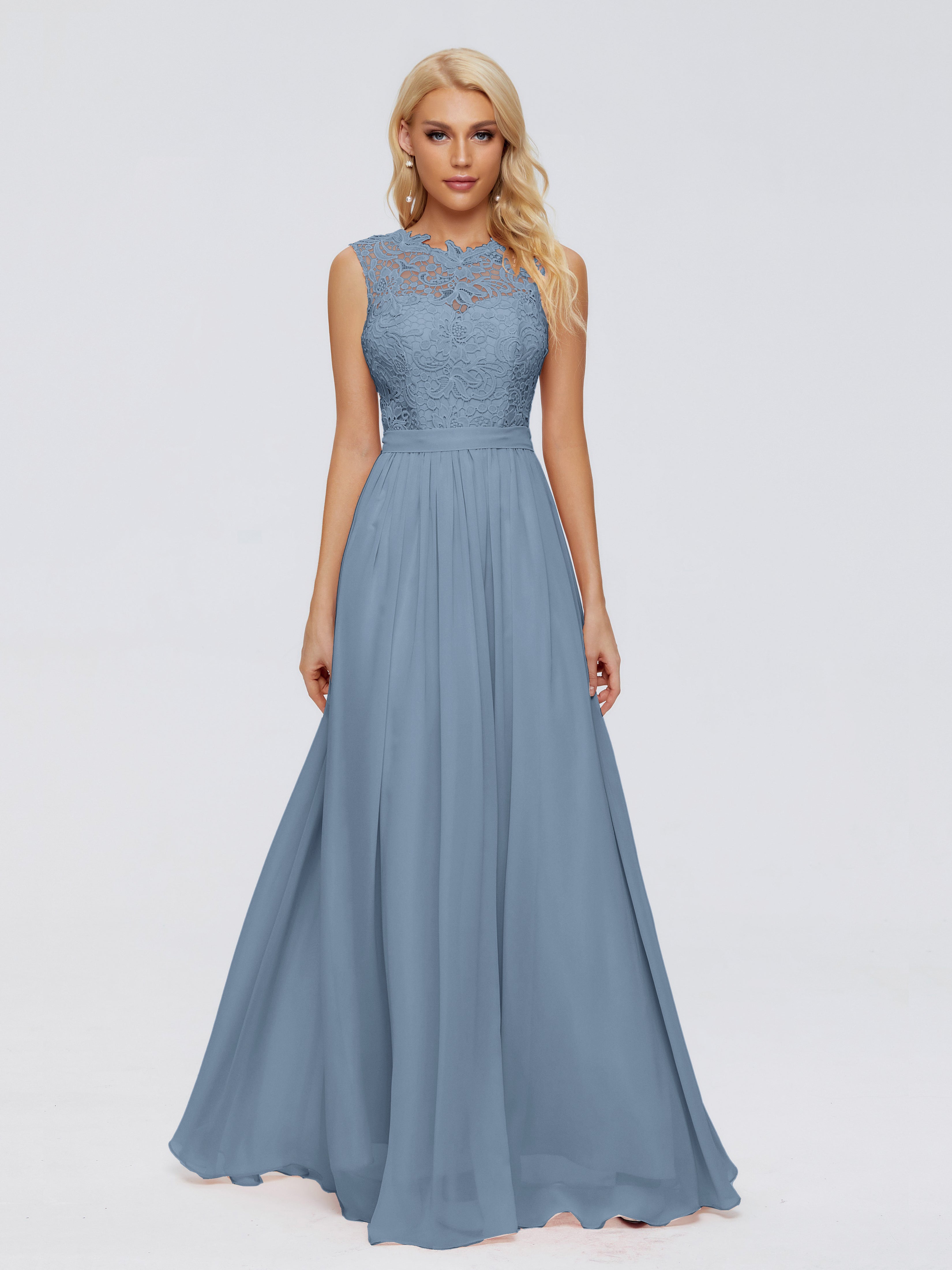 Robes De Demoiselle D'Honneur Bleu De Schiste Trapèze Bateau Mousseline Robes Demoiselle D'Honneur
