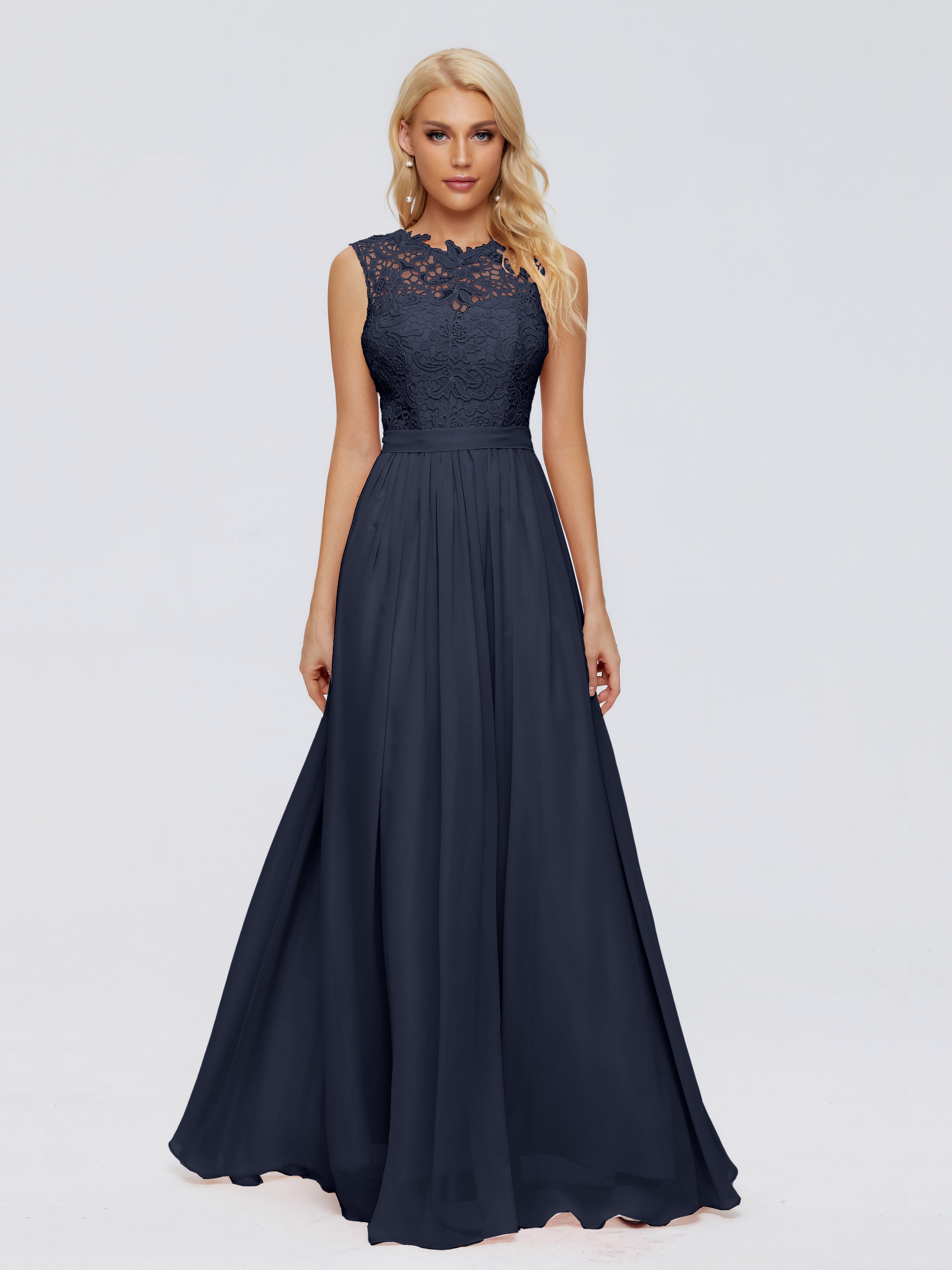 Robes De Demoiselle D'Honneur Bleu Marine Modestes Trapèze Bateau Mousseline Robes Demoiselle D'Honneur