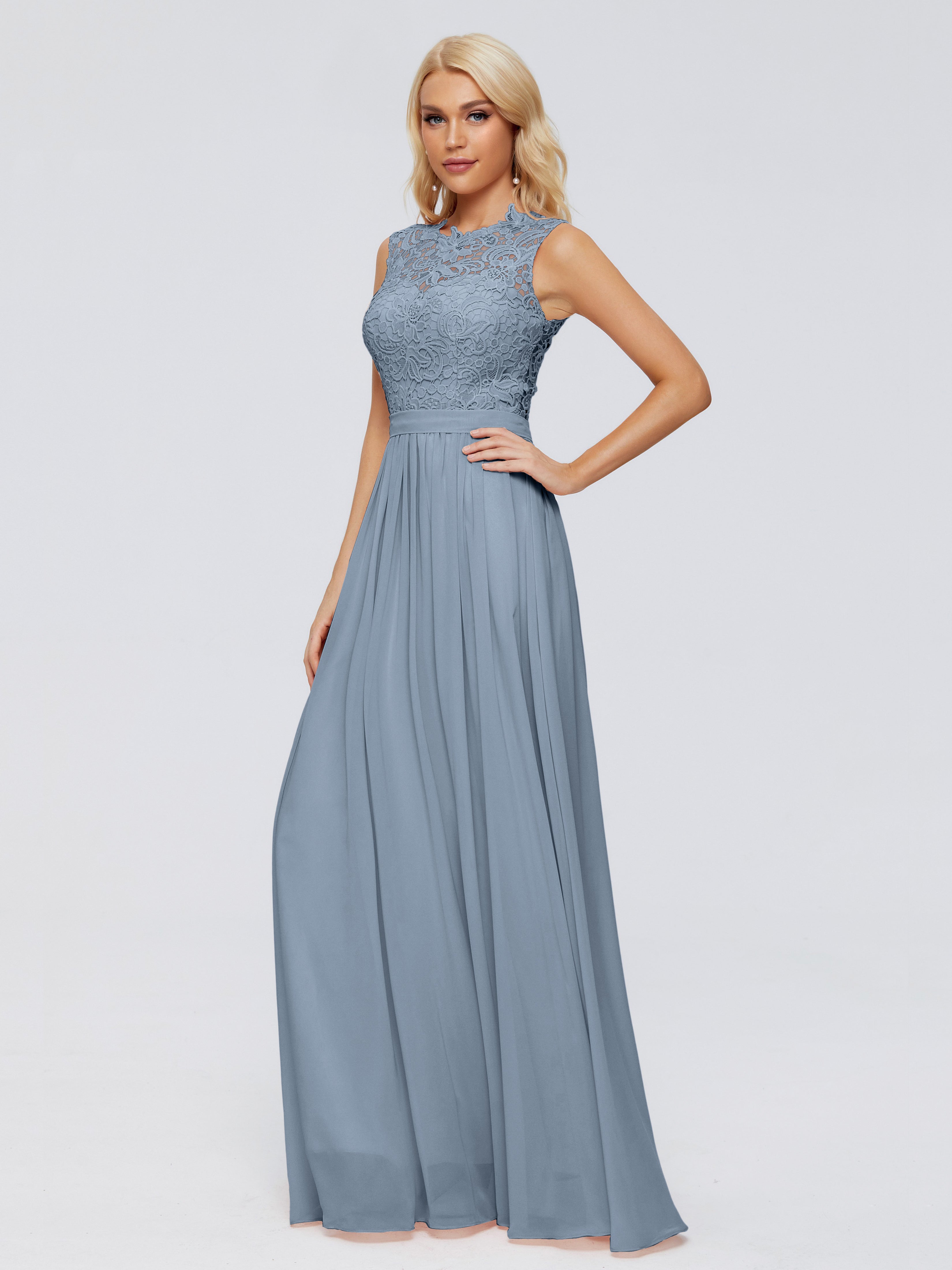 Robes De Demoiselle D'Honneur Bleu Poussiéreux Trapèze Bateau Mousseline Robes Demoiselle D'Honneur