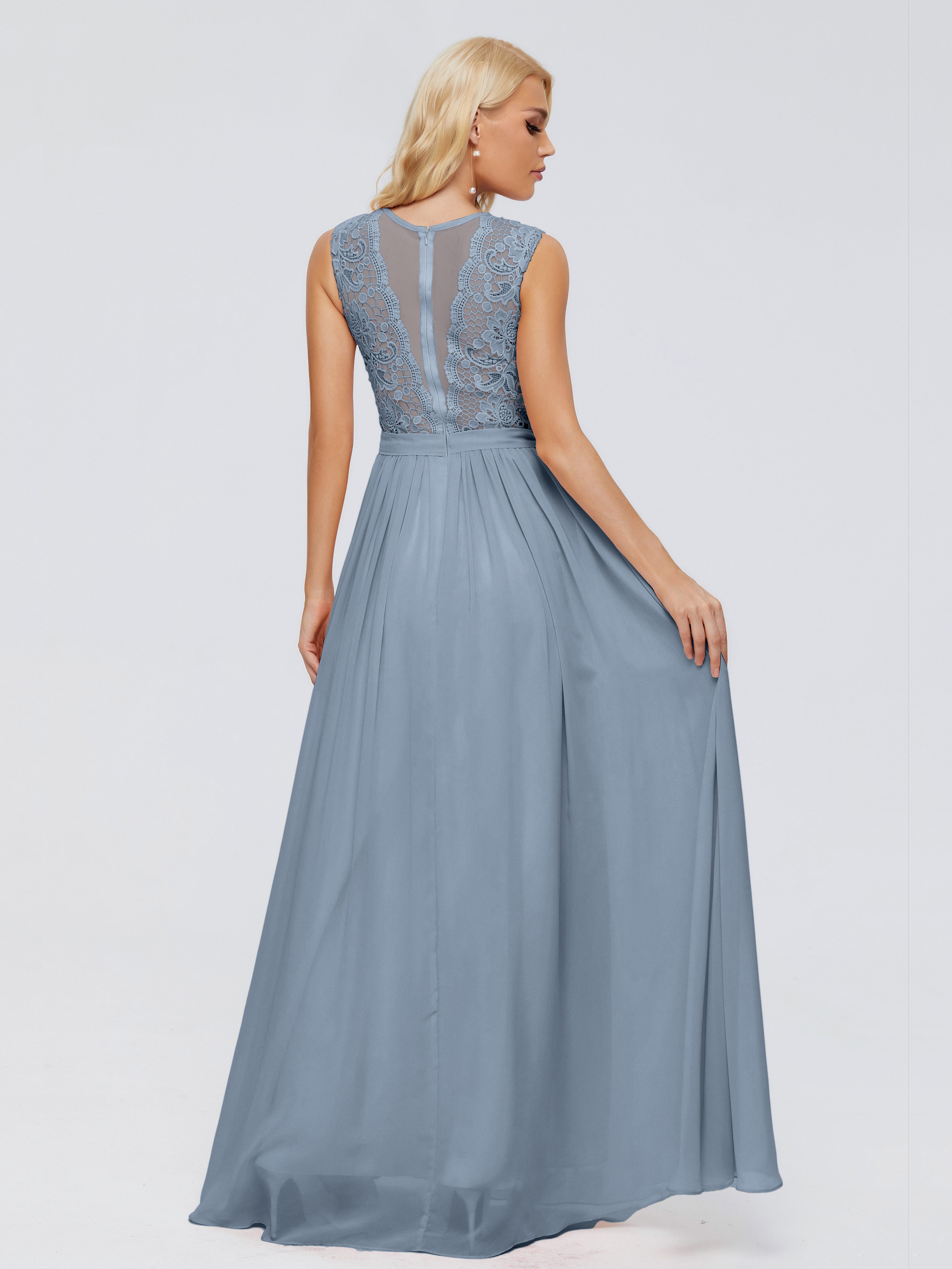 Robes De Demoiselle D'Honneur Bleu Poussiéreux Trapèze Bateau Mousseline Robes Demoiselle D'Honneur