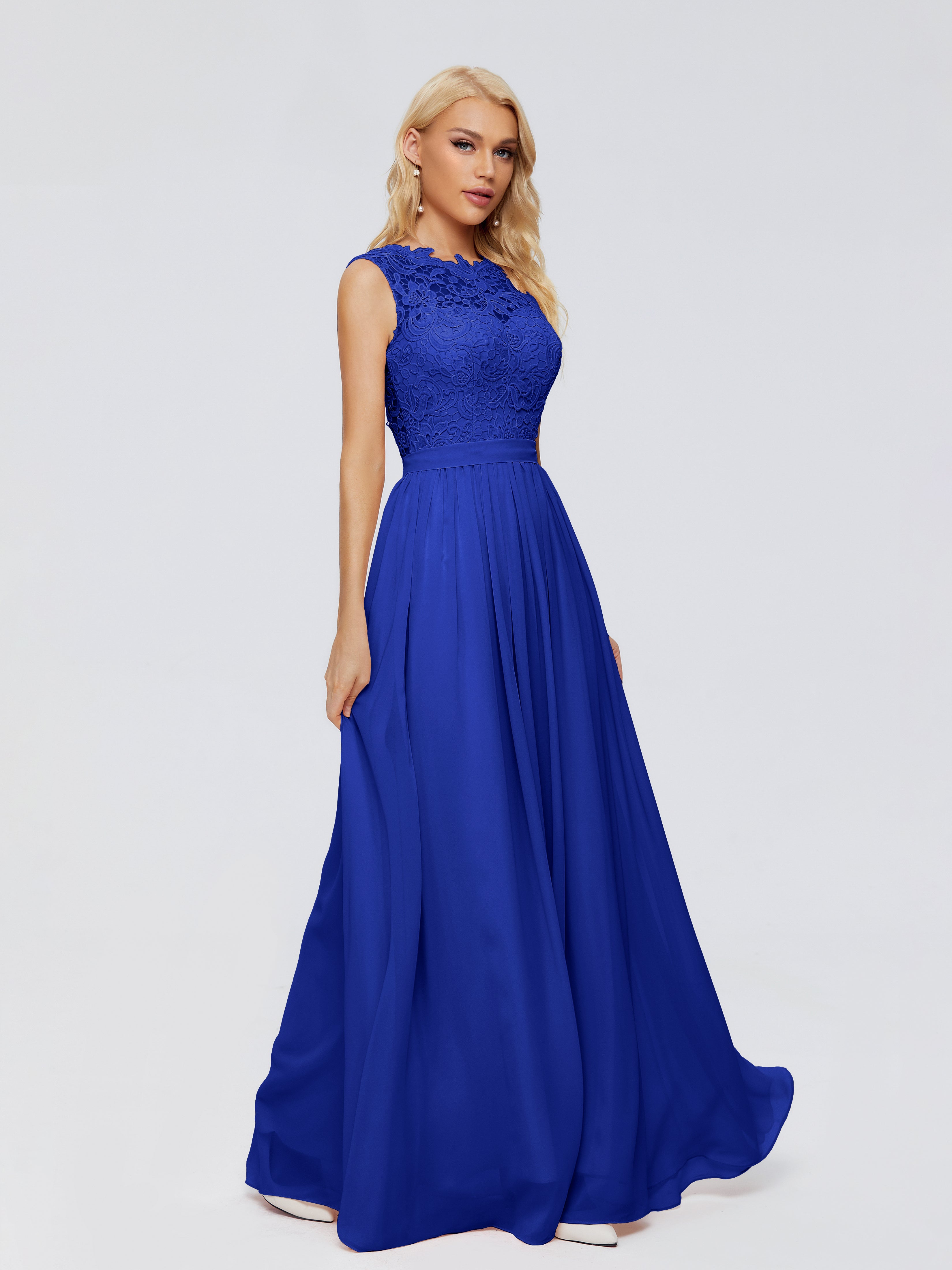 Demoiselle Dhonneur Robe Longue Bleu Roi Trapèze Bateau Mousseline Robes Demoiselle D'Honneur