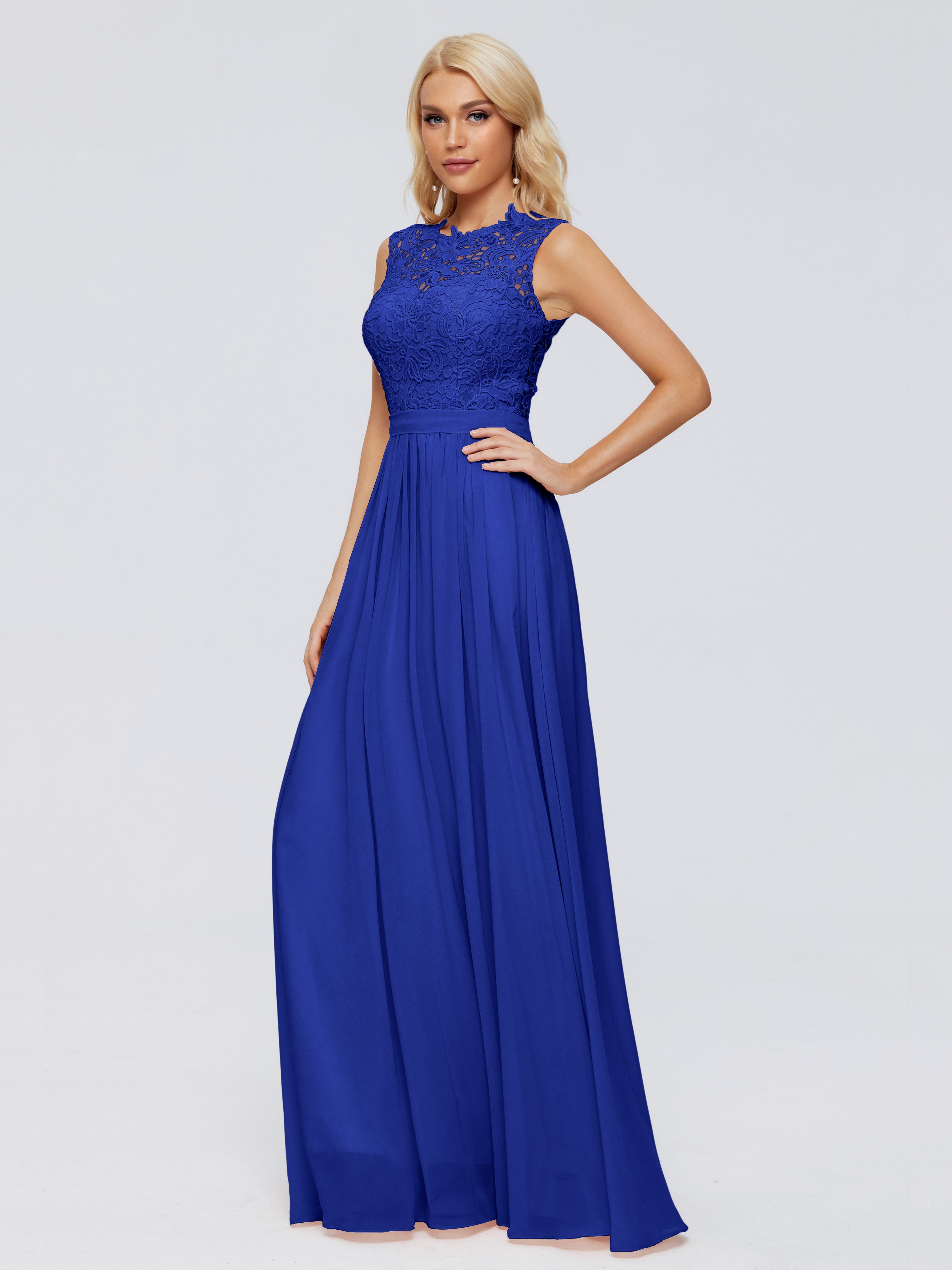 Demoiselle Dhonneur Robe Longue Bleu Roi Trapèze Bateau Mousseline Robes Demoiselle D'Honneur