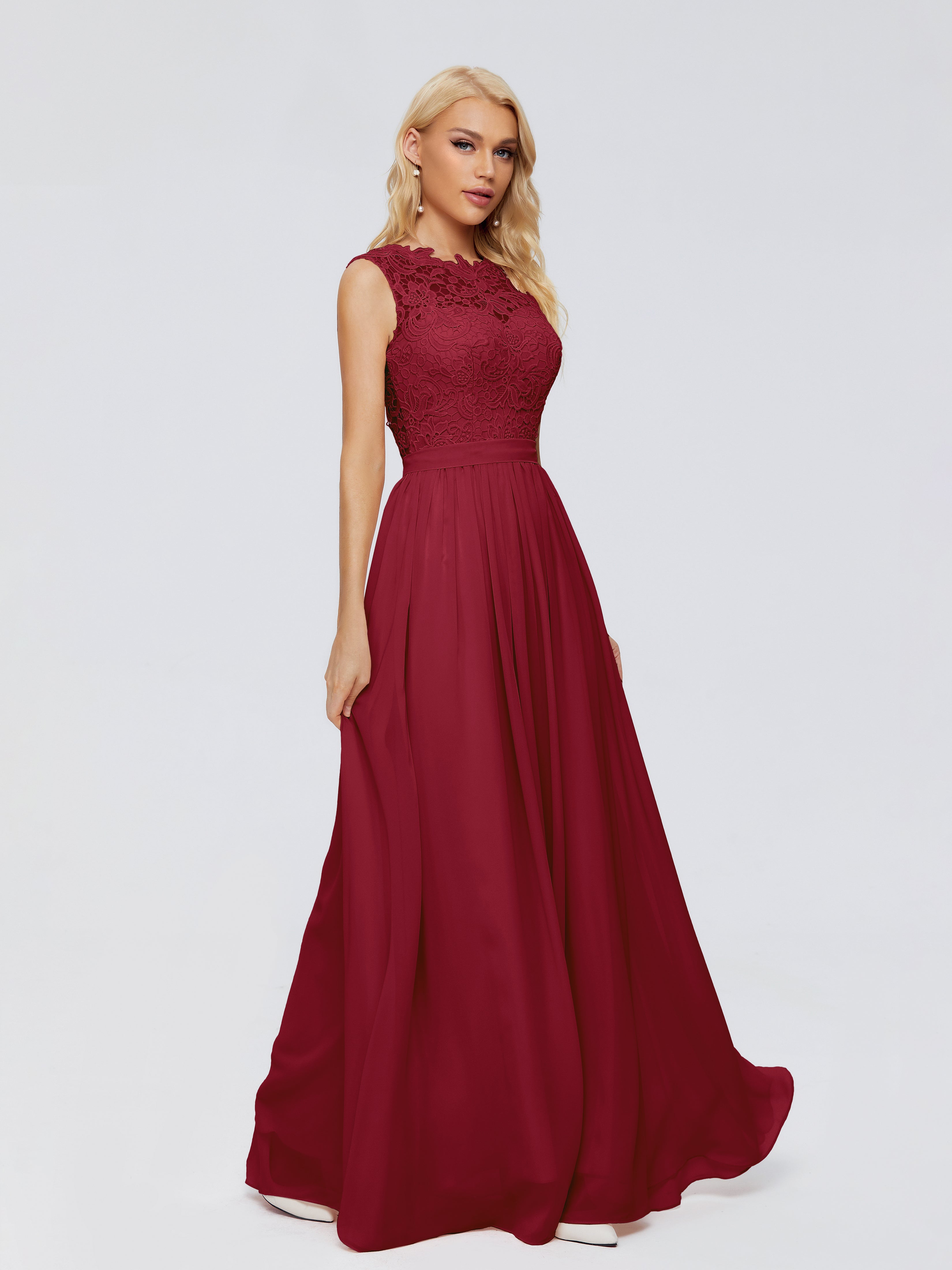 Robe Longue Bordeaux Demoiselle D Honneur Trapèze Bateau Mousseline Robes Demoiselle D'Honneur