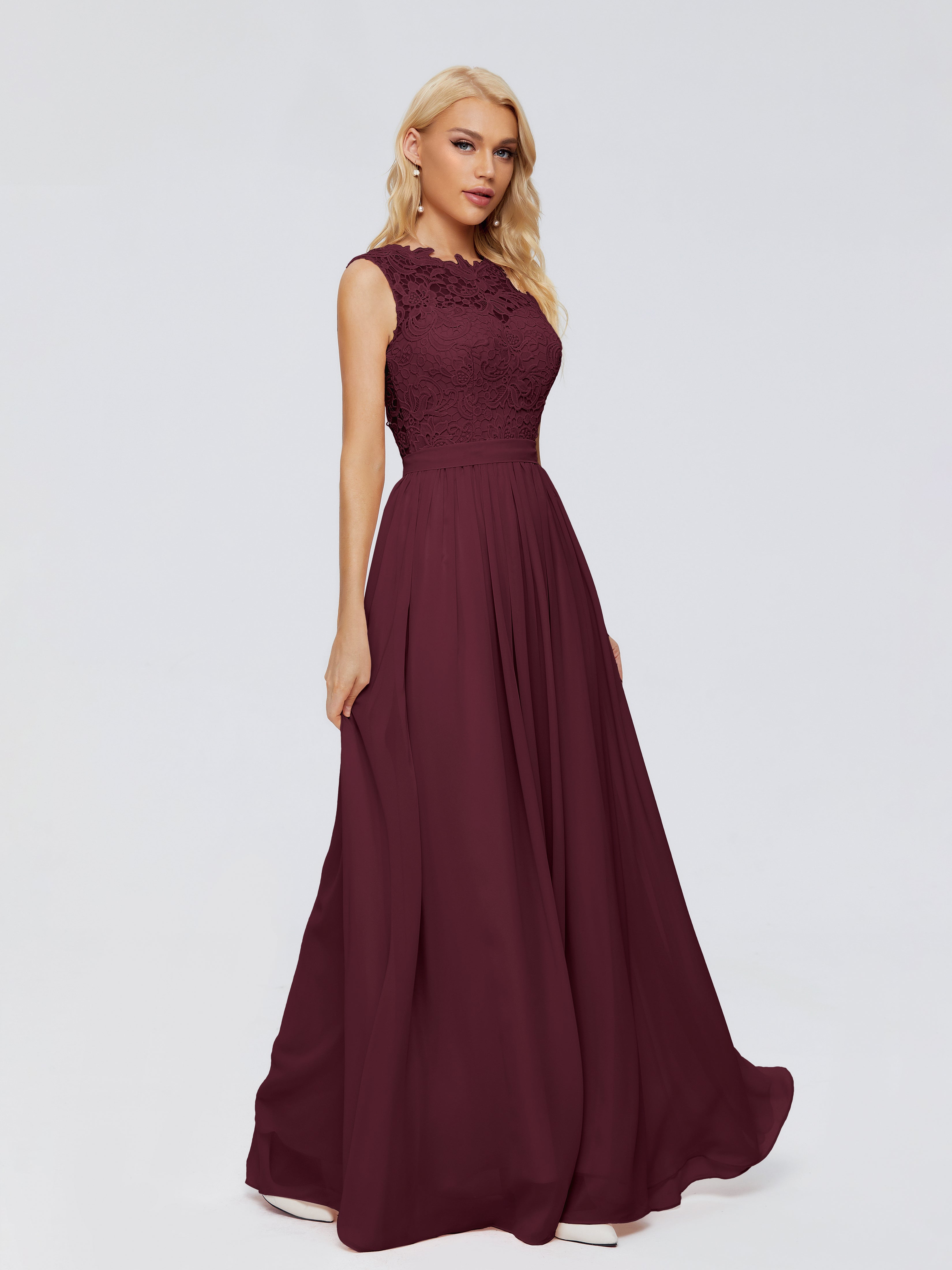 Robes De Demoiselle D'Honneur Cabernet Trapèze Bateau Mousseline Robes Demoiselle D'Honneur
