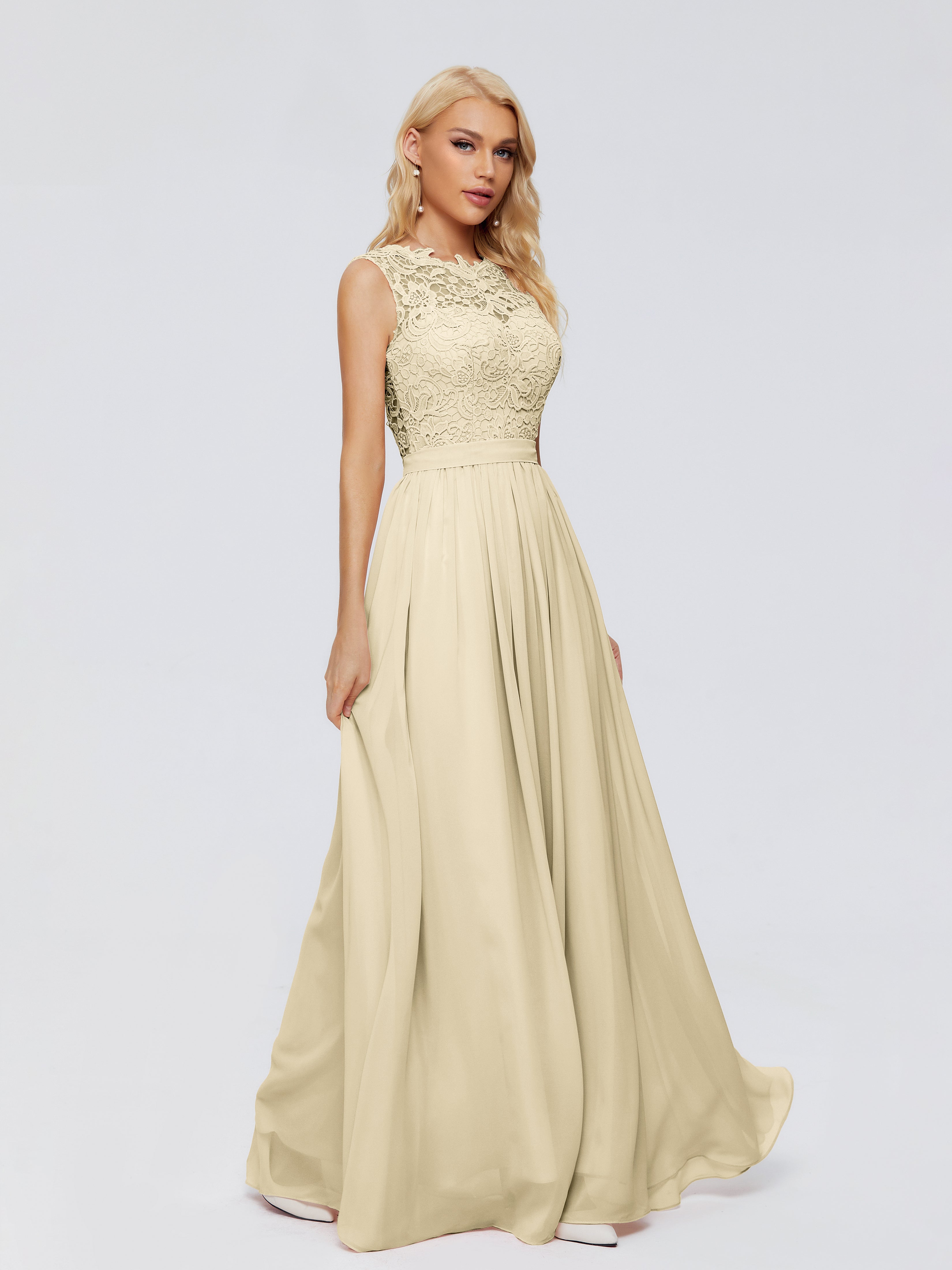 Long Robe Champagne Demoiselle D Honneur Trapèze Bateau Mousseline Robes Demoiselle D'Honneur