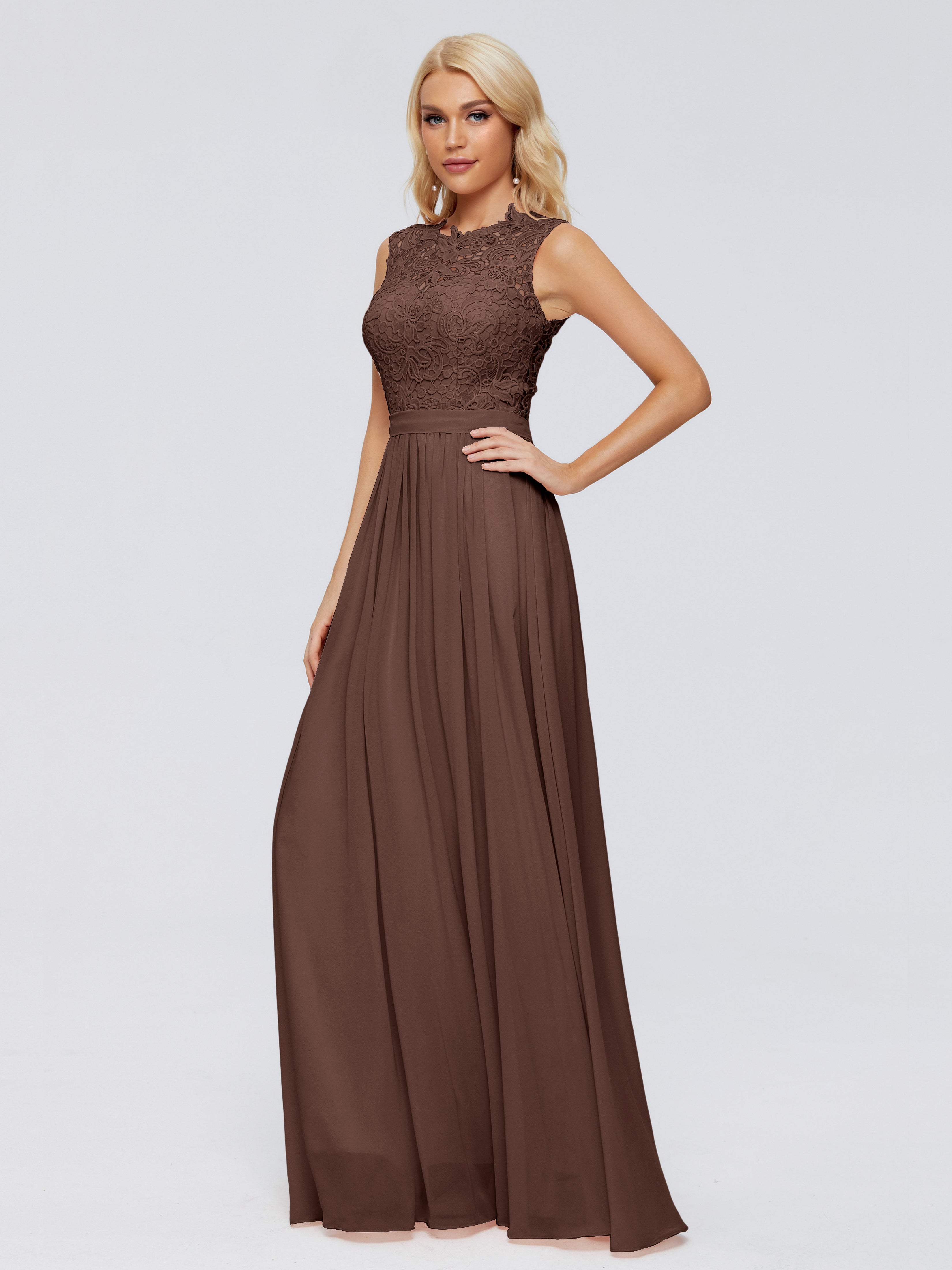 Robe Marron Chocolat Demoiselle D Honneur Trapèze Bateau Mousseline Robes Demoiselle D'Honneur