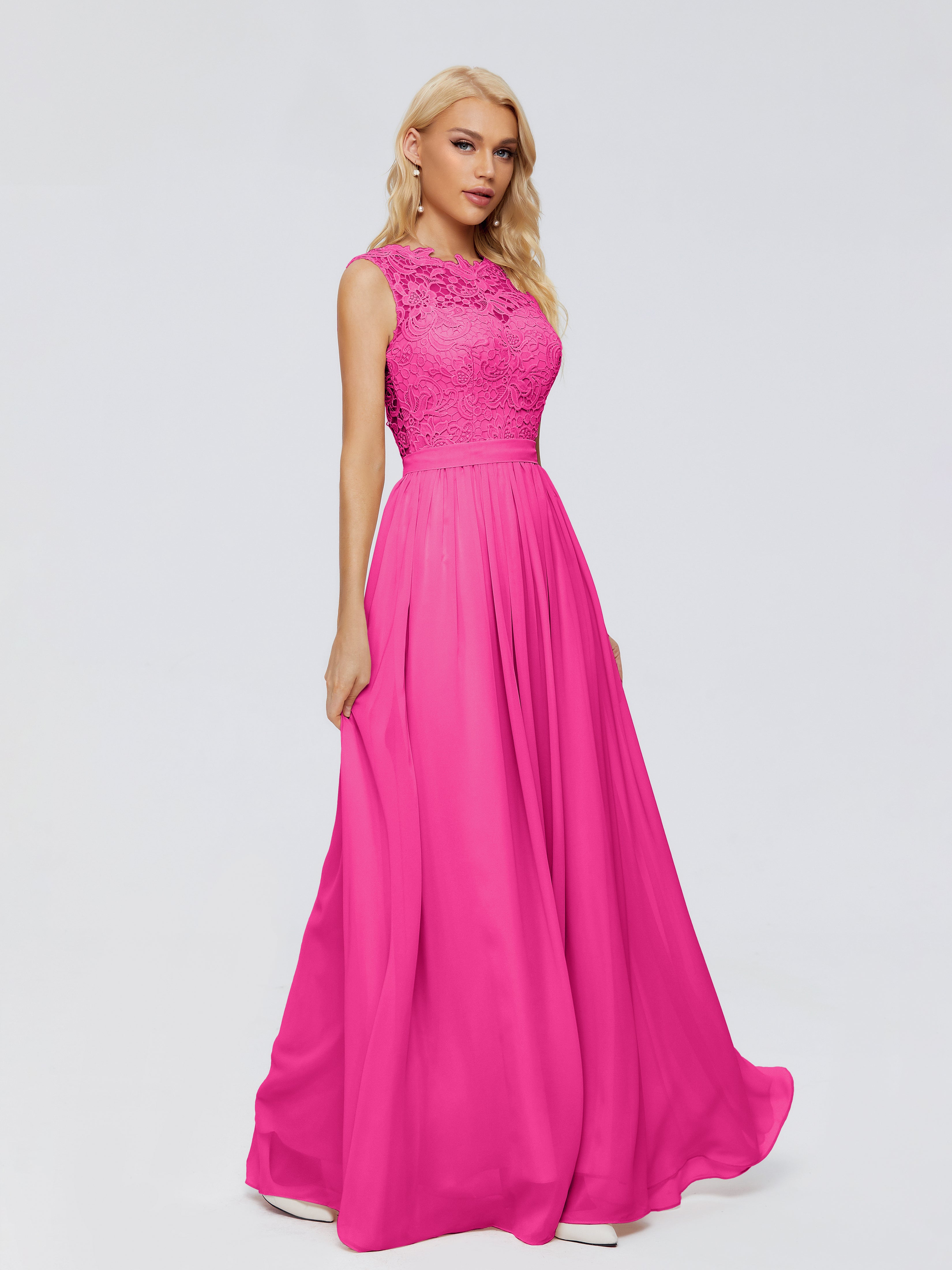 Robe Rose Fuchsia Demoiselle D Honneur Trapèze Bateau Mousseline Robes Demoiselle D'Honneur