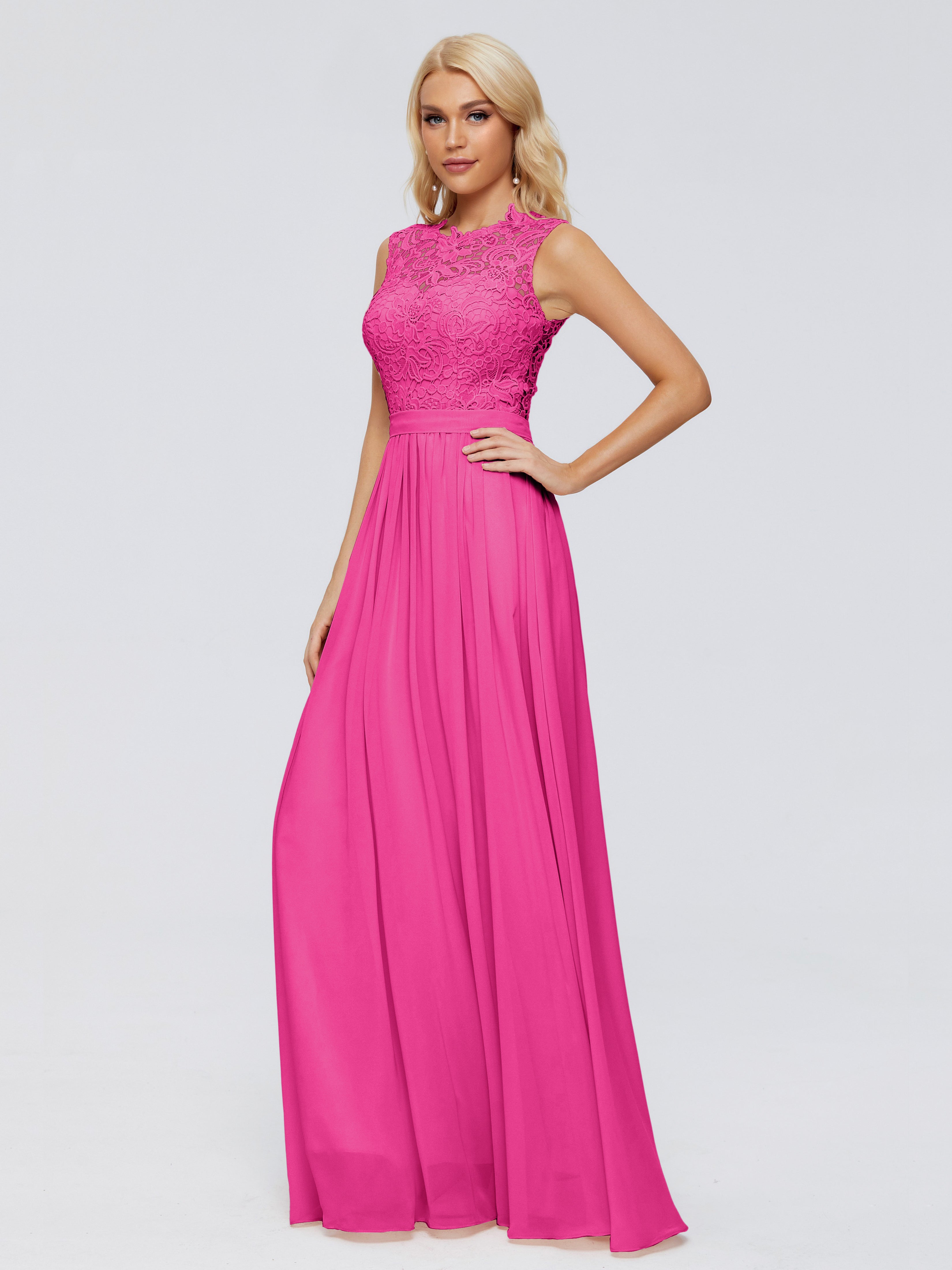 Robe Rose Fuchsia Demoiselle D Honneur Trapèze Bateau Mousseline Robes Demoiselle D'Honneur