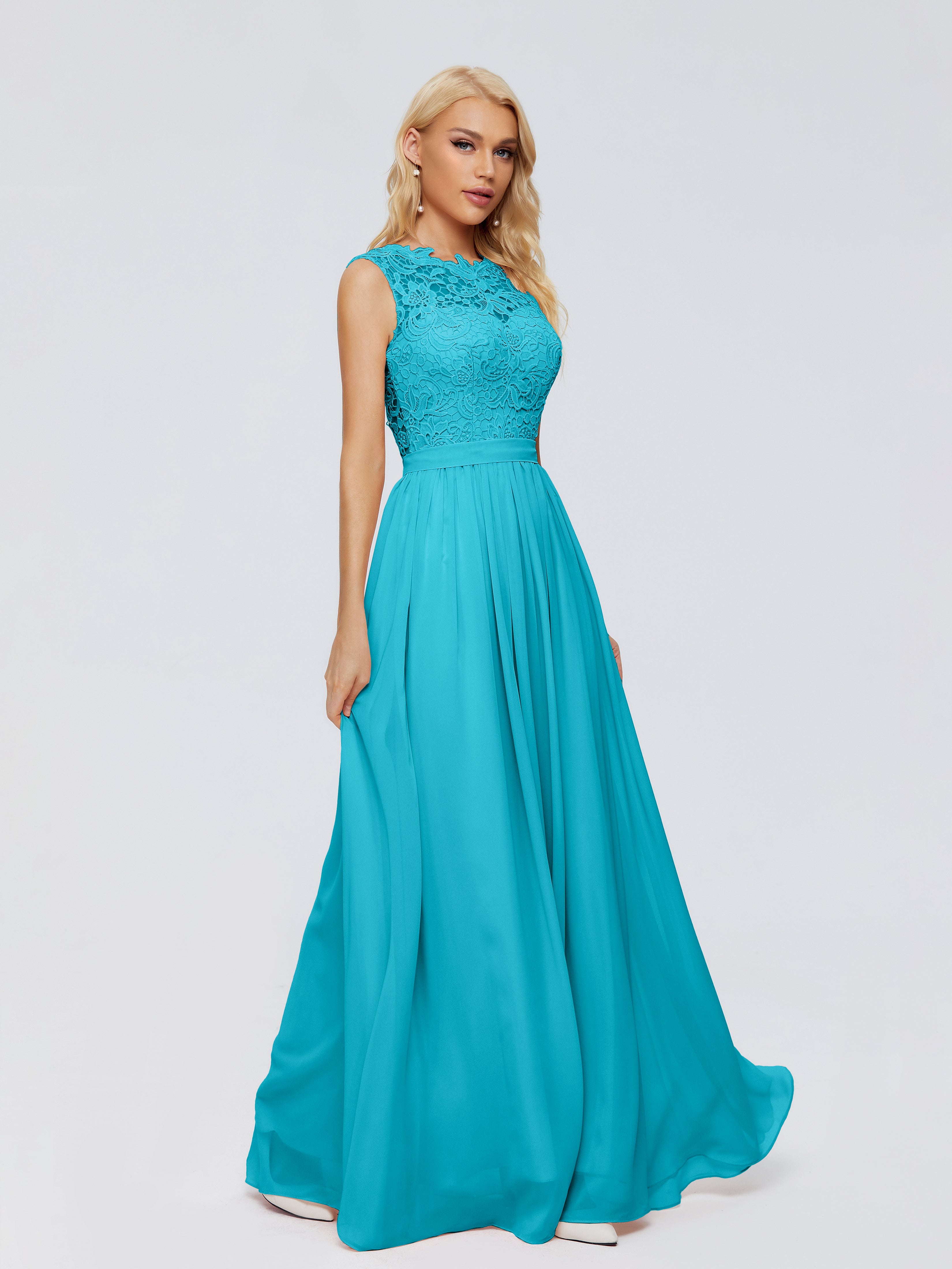 Robes De Demoiselle D'Honneur Vert Jade Trapèze Bateau Mousseline Robes Demoiselle D'Honneur