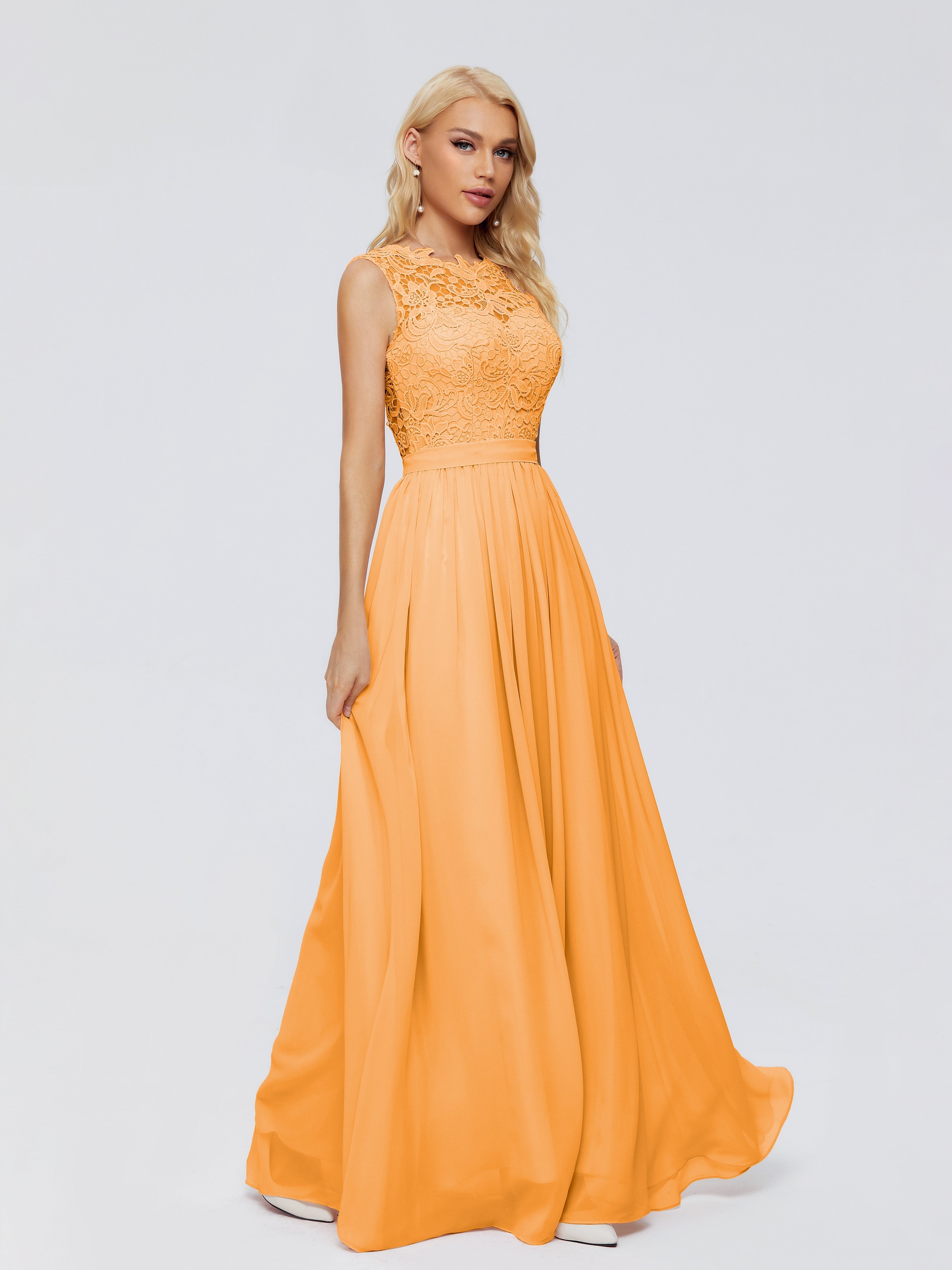 Robes De Demoiselle D'Honneur Mandarine Trapèze Bateau Mousseline Robes Demoiselle D'Honneur