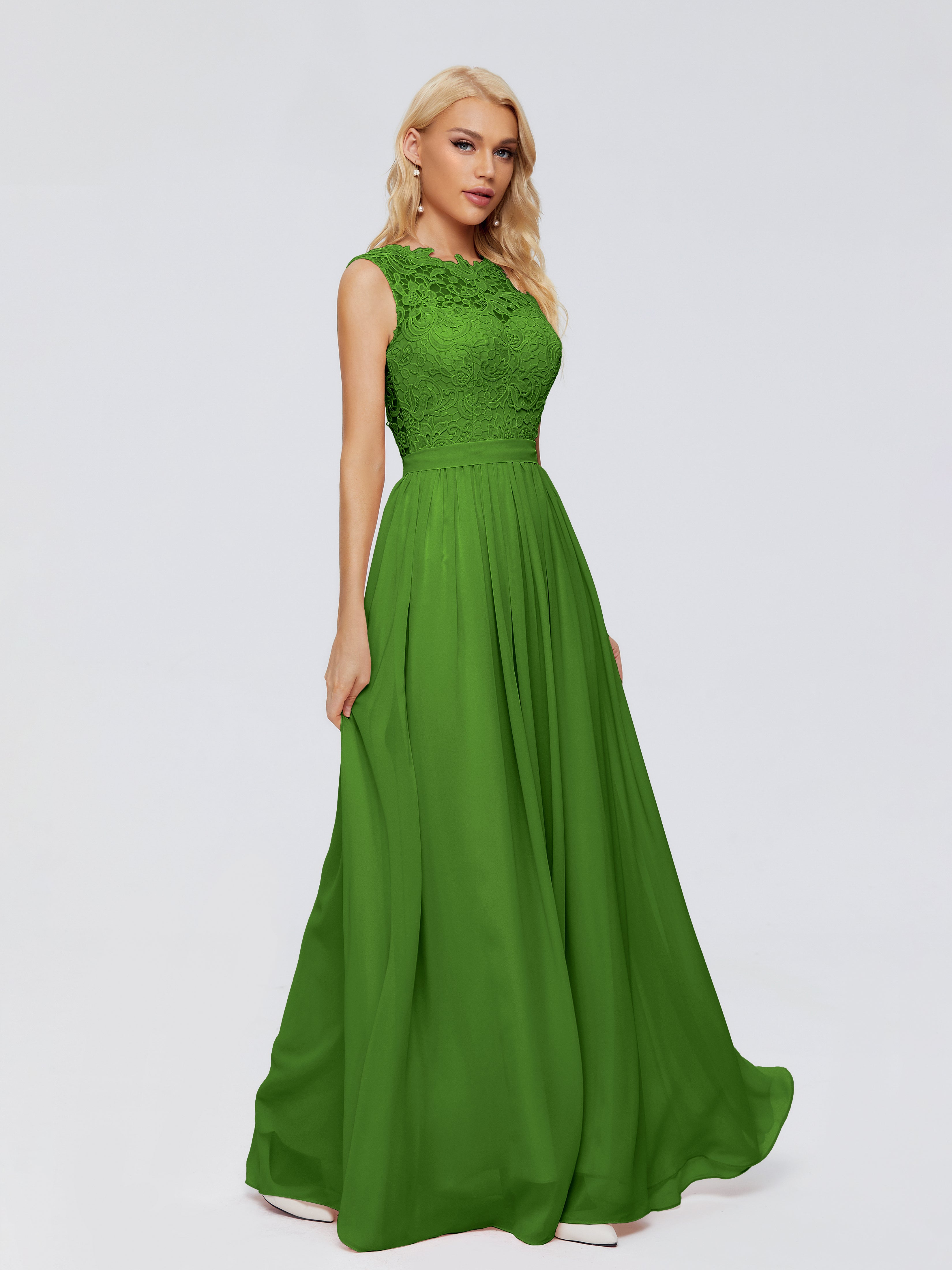 Robes De Demoiselle D'Honneur Vert Mousse Trapèze Bateau Mousseline Robes Demoiselle D'Honneur