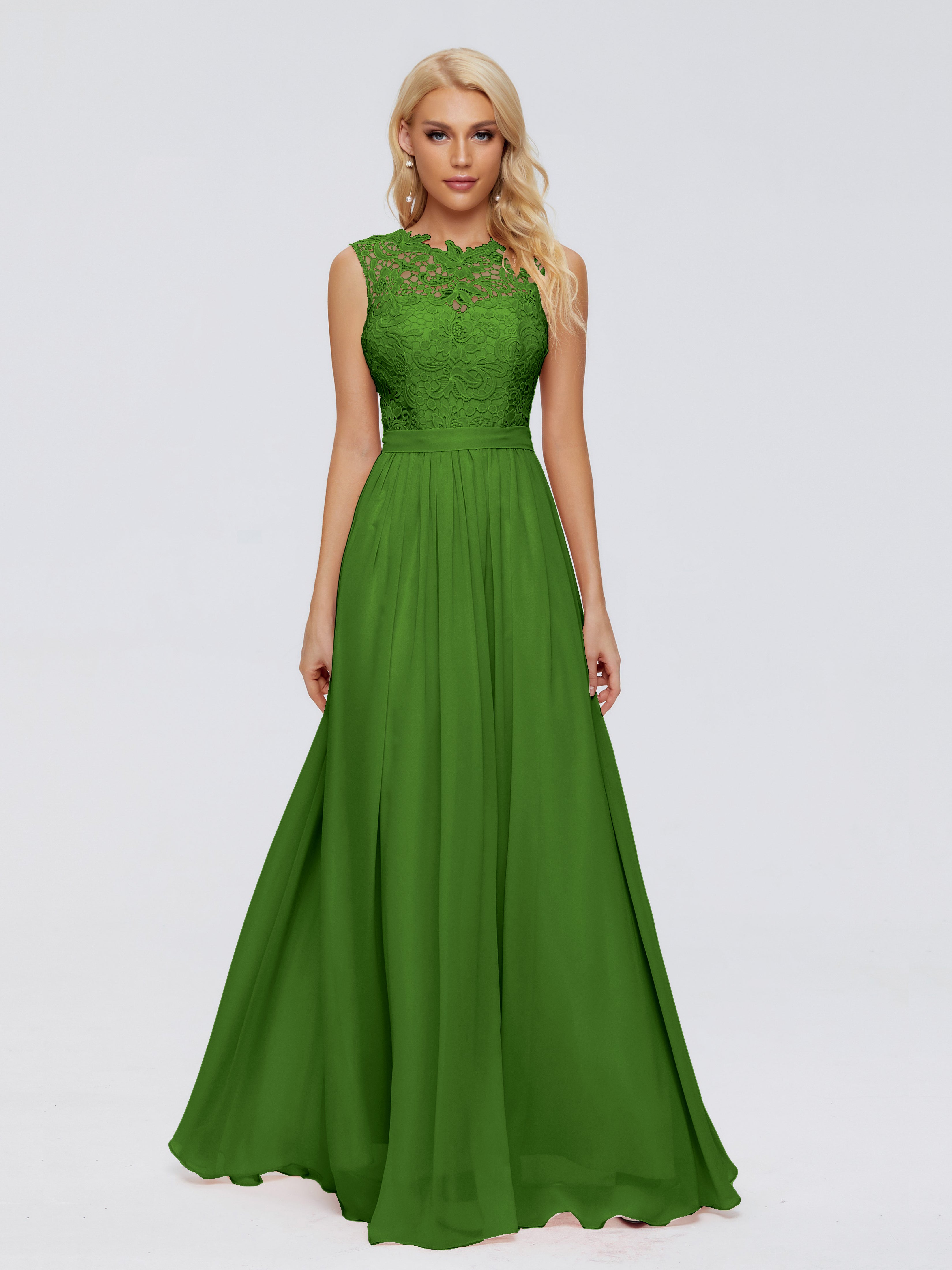 Robes De Demoiselle D'Honneur Vert Mousse Trapèze Bateau Mousseline Robes Demoiselle D'Honneur