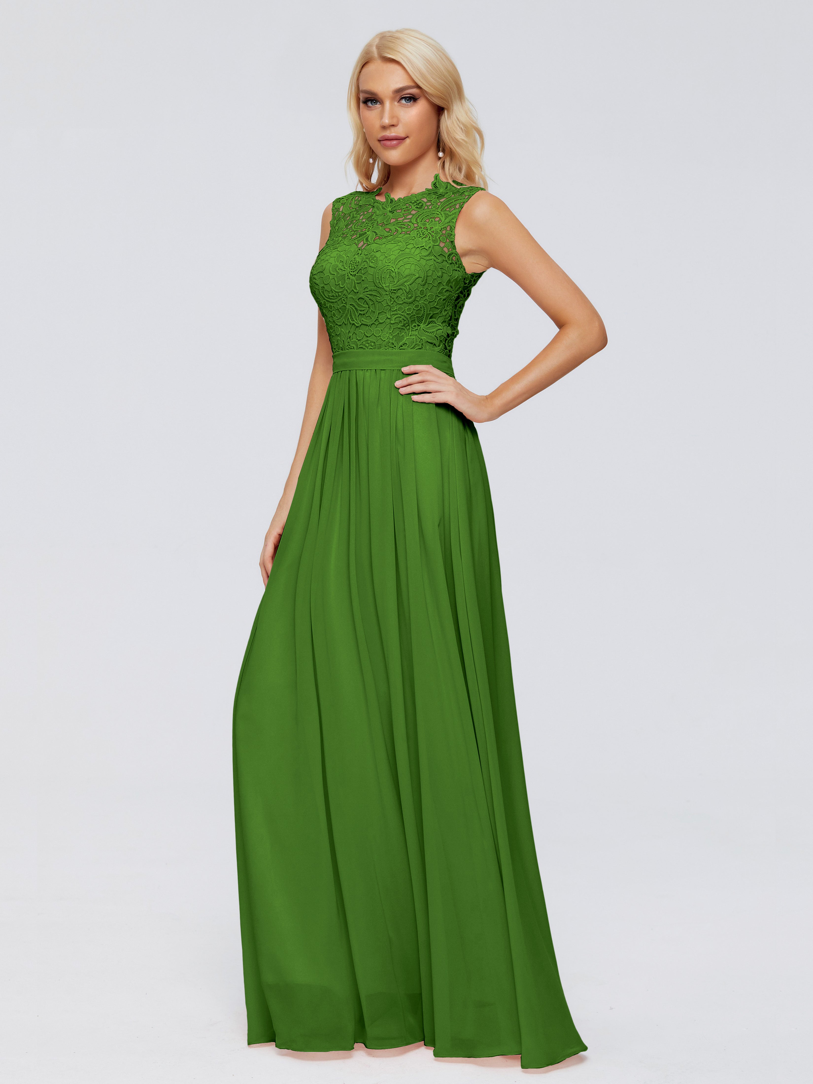 Robes De Demoiselle D'Honneur Vert Mousse Trapèze Bateau Mousseline Robes Demoiselle D'Honneur