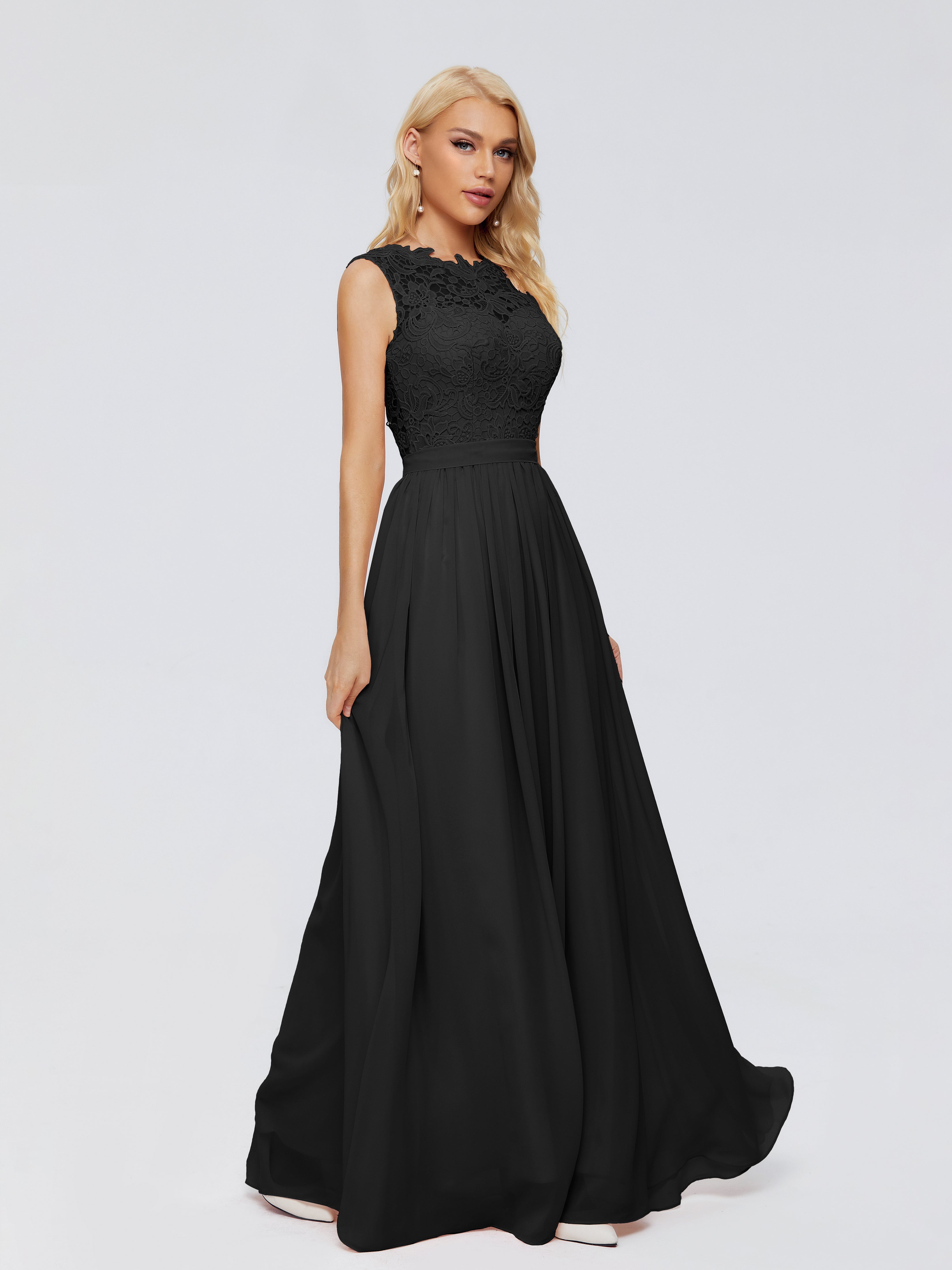 Longues Robes De Demoiselle D'Honneur Noires Trapèze Bateau Mousseline Robes Demoiselle D'Honneur