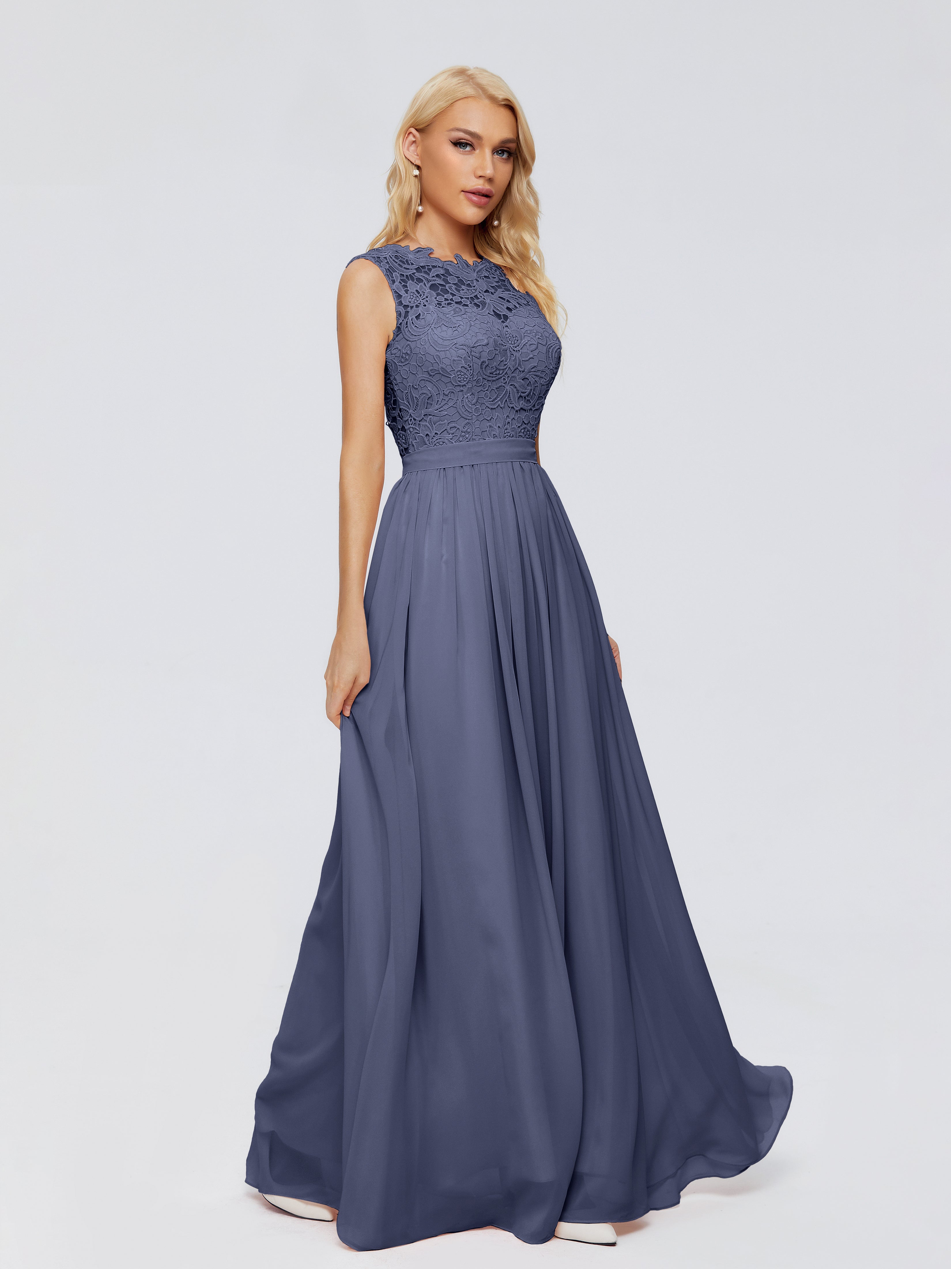 Robes De Demoiselle D'Honneur Bleu Orageux Trapèze Bateau Mousseline Robes Demoiselle D'Honneur